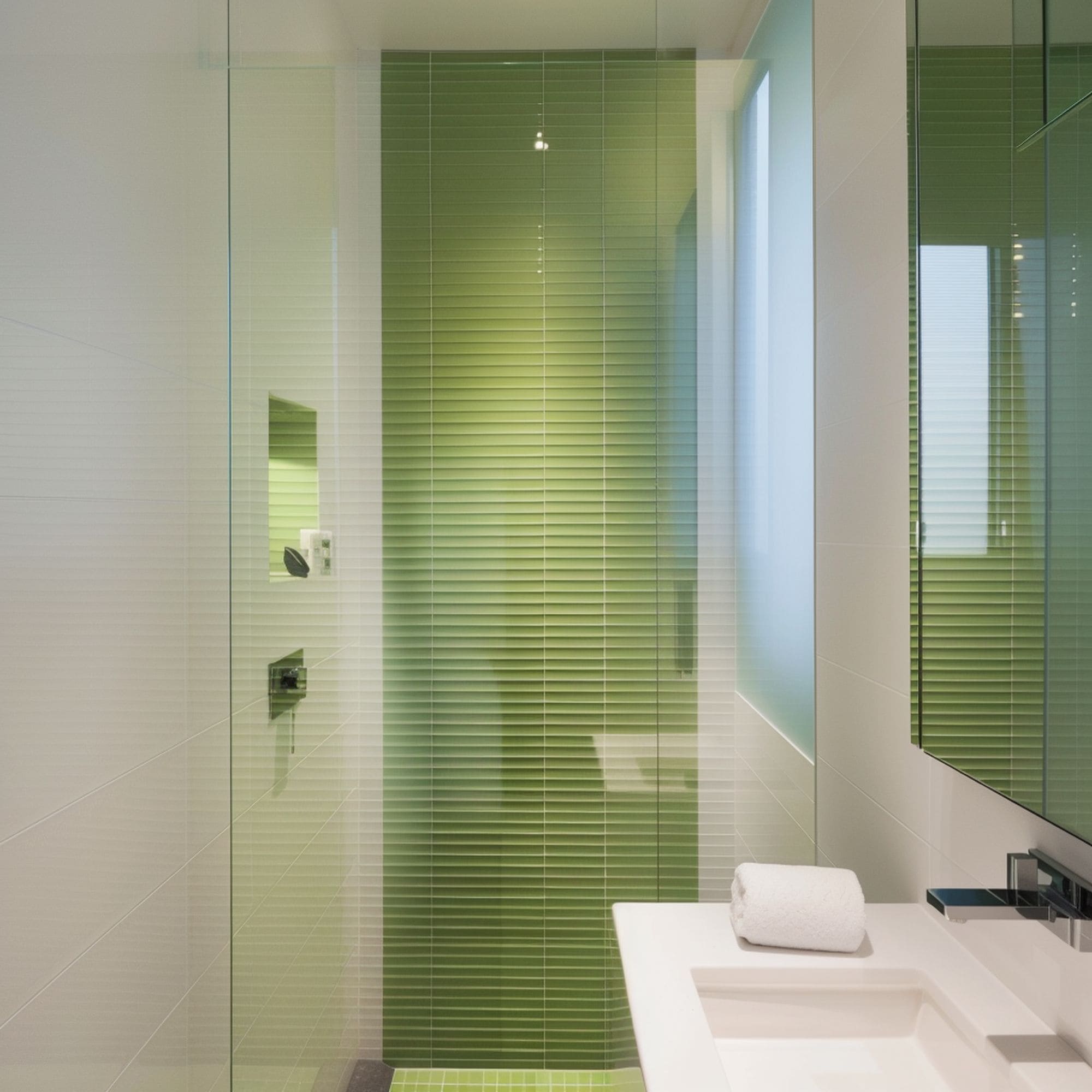 Small Bathroom With Green Tile Shower