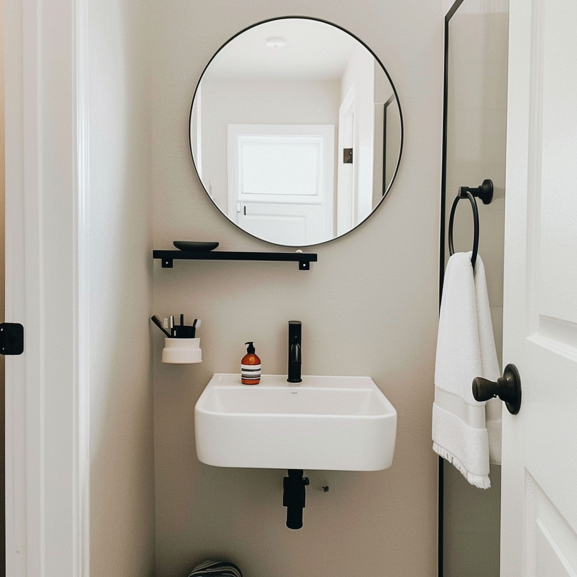 Small Bathroom With Tiny Shelf Under the Mirror