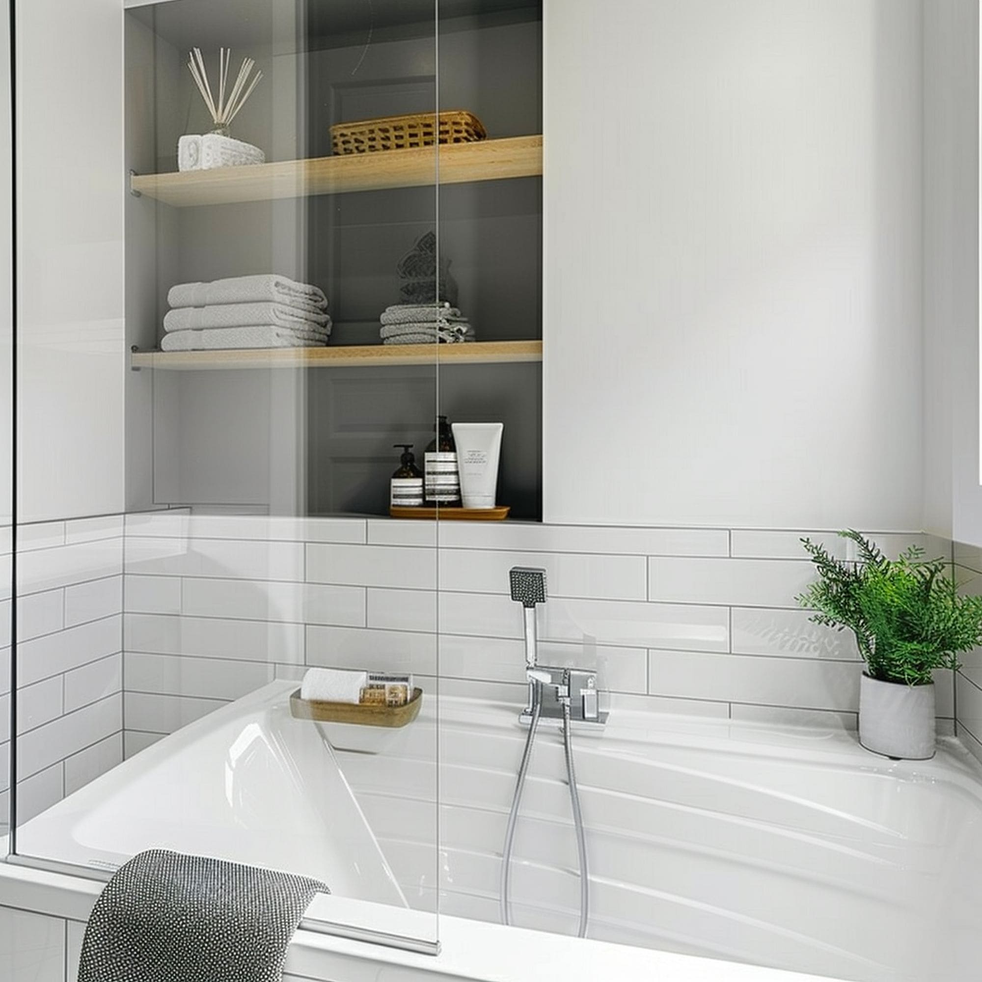 Small Bathroom With Storage Shelves Near the Bathtub