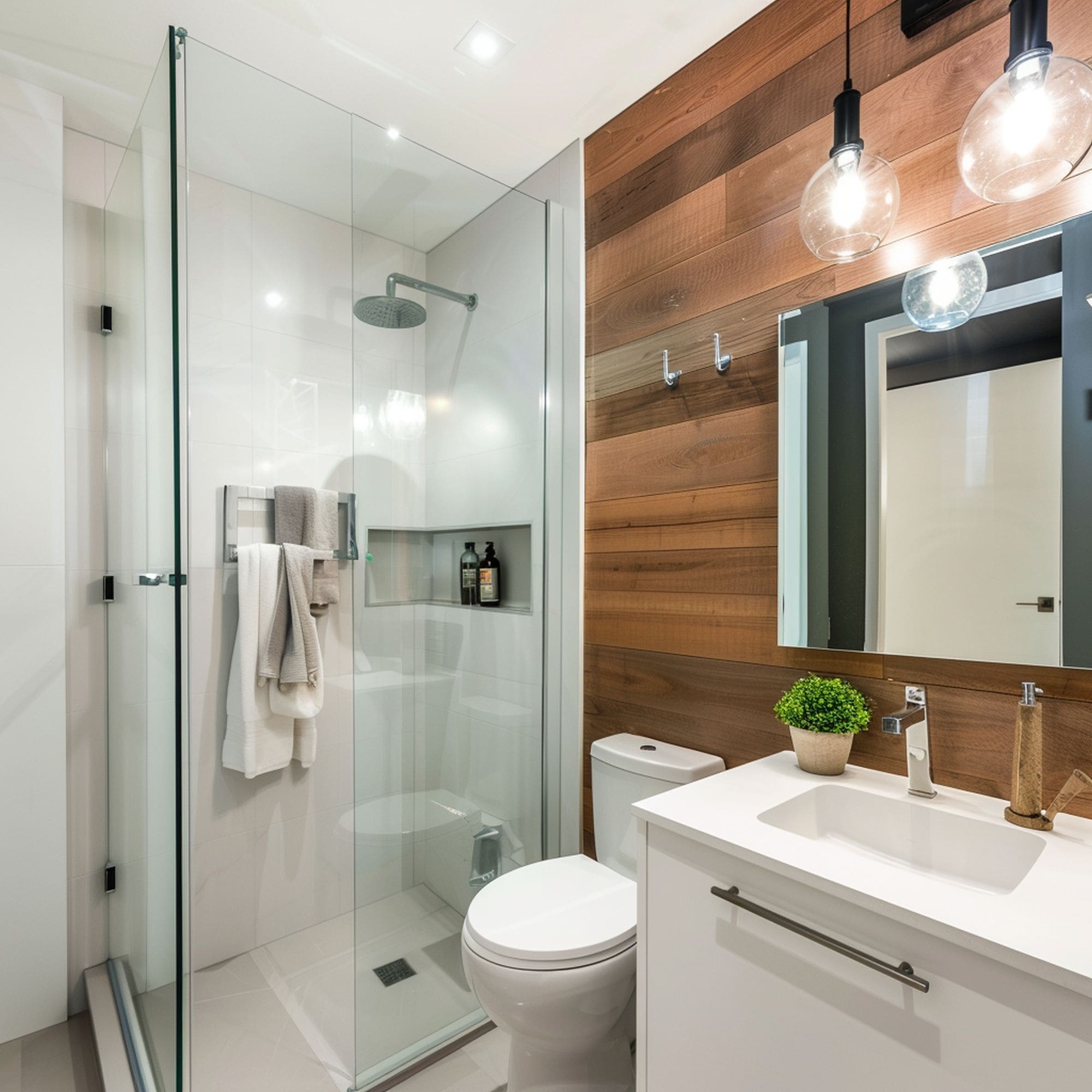 Modern and Compact Bathroom With Wood Accent Wall