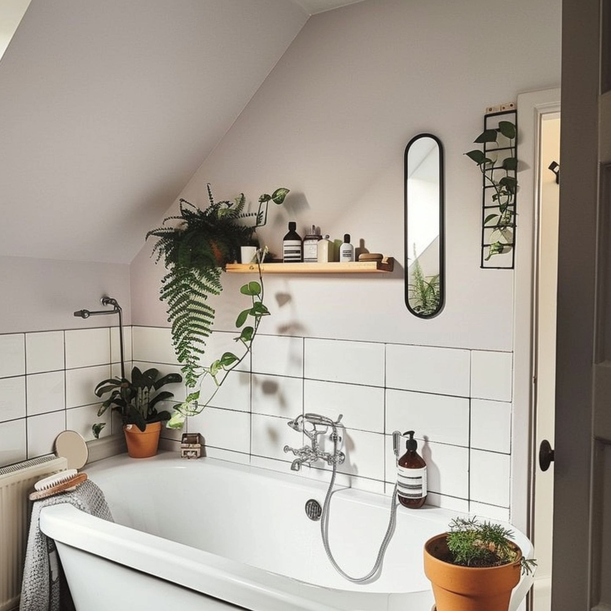 Small Bathroom With Plants and Floating Shelf