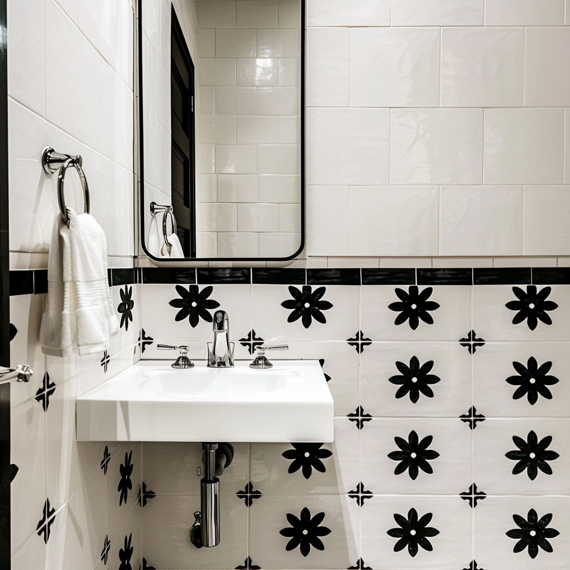 Small Bathroom With Black and White Vintage Tile Designs