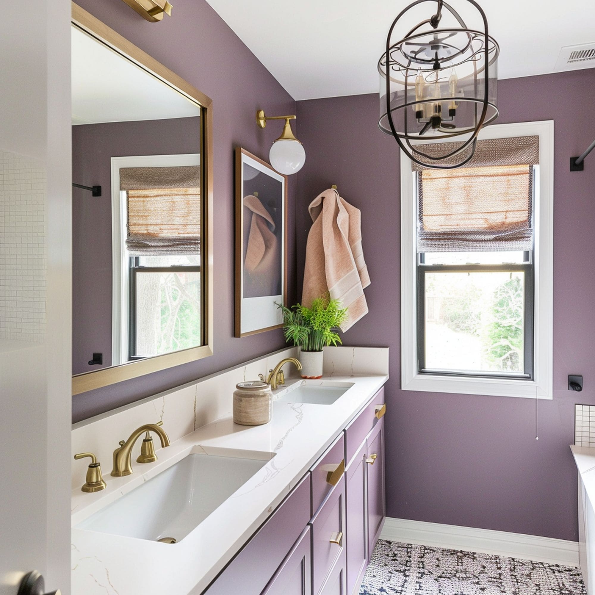 Purple Small Bathroom With Stylish Light Fixture