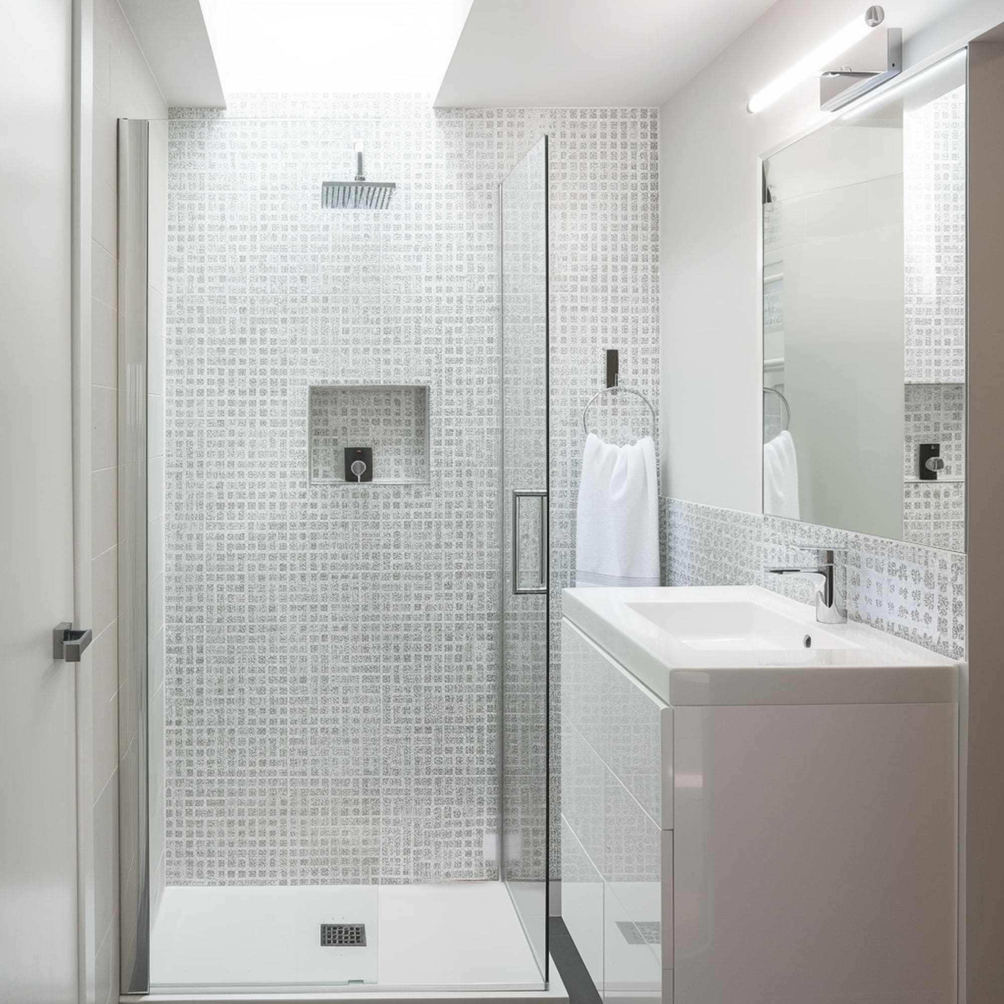 Small Bathroom With Extended Shower Tiles