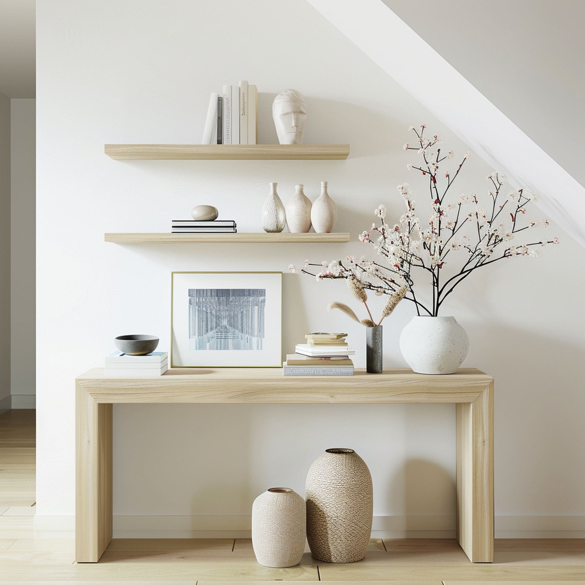 Japandi Floating Shelves in the Entryway