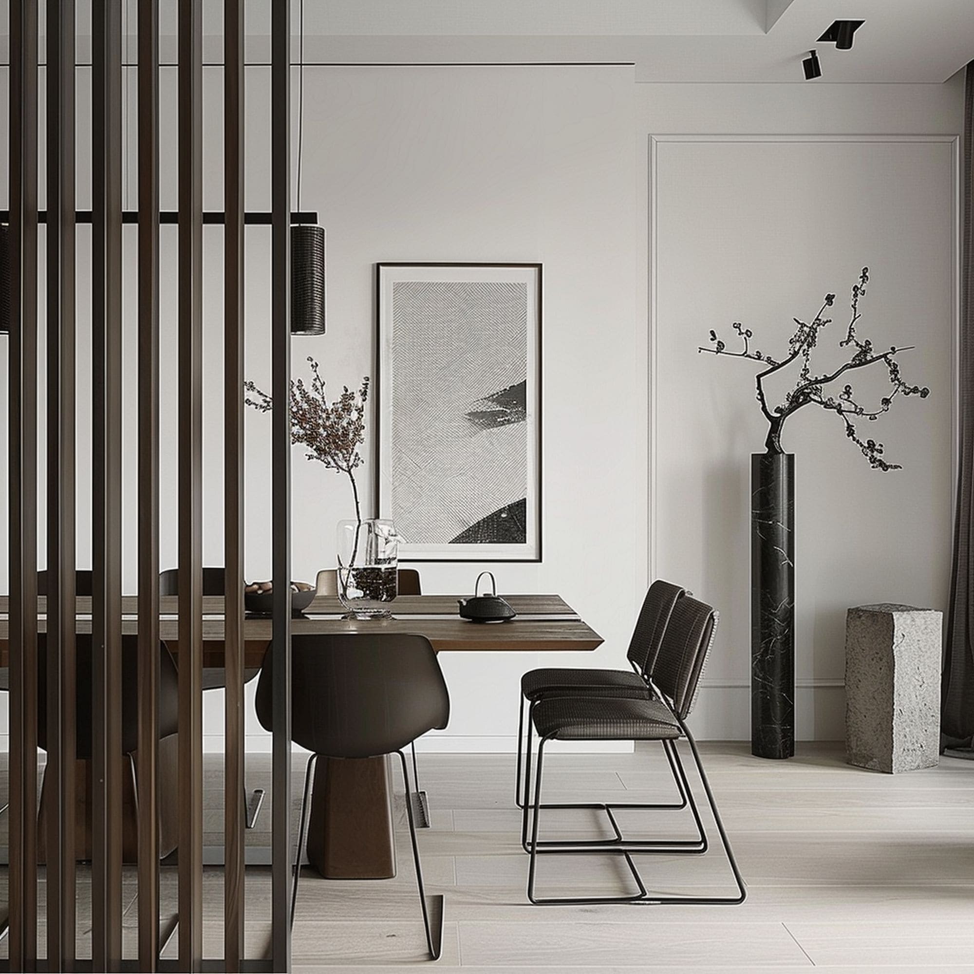 Japandi Dining Room With Stone Pillar Decorations