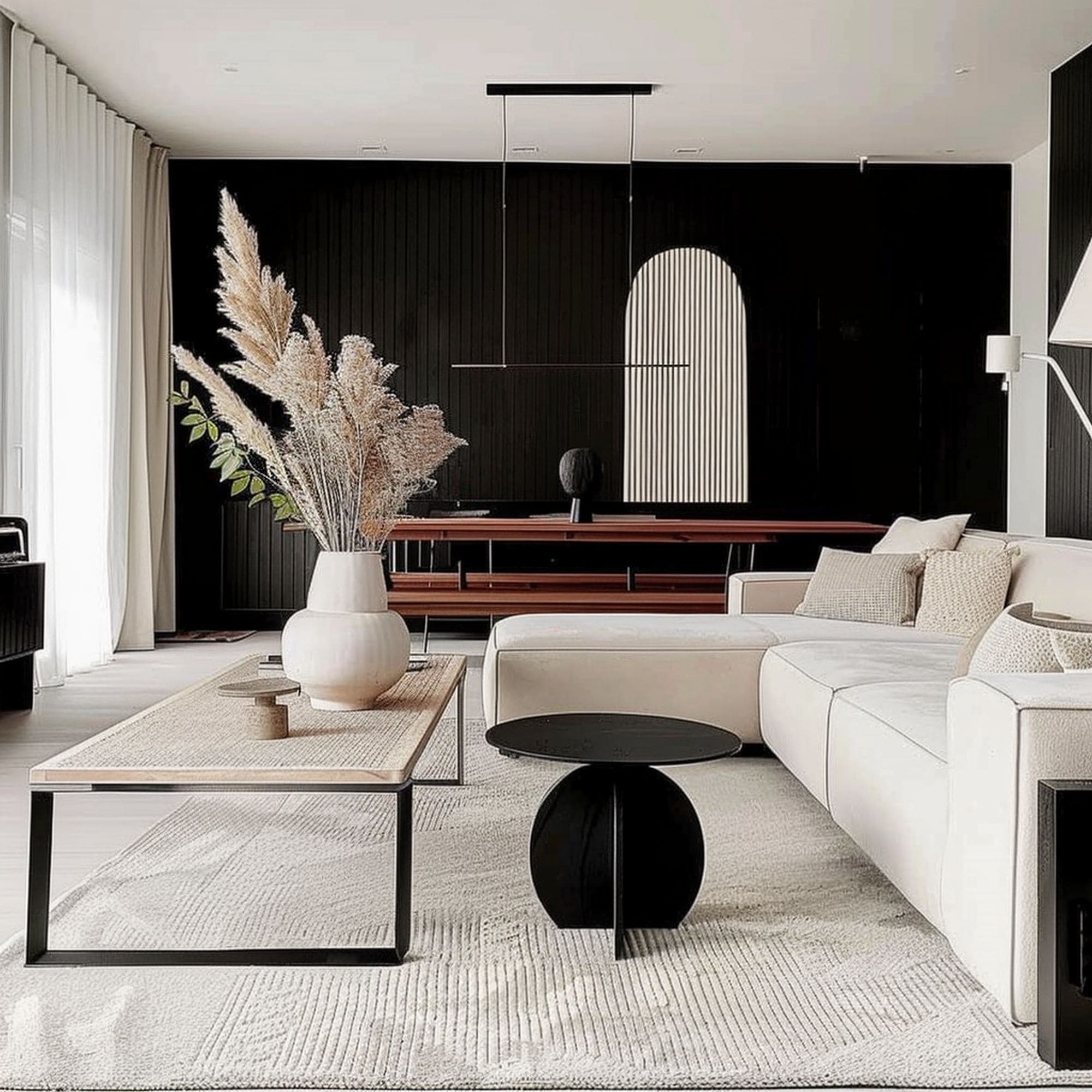 Japandi Living Room With Contrasting Colors and Wood Styles