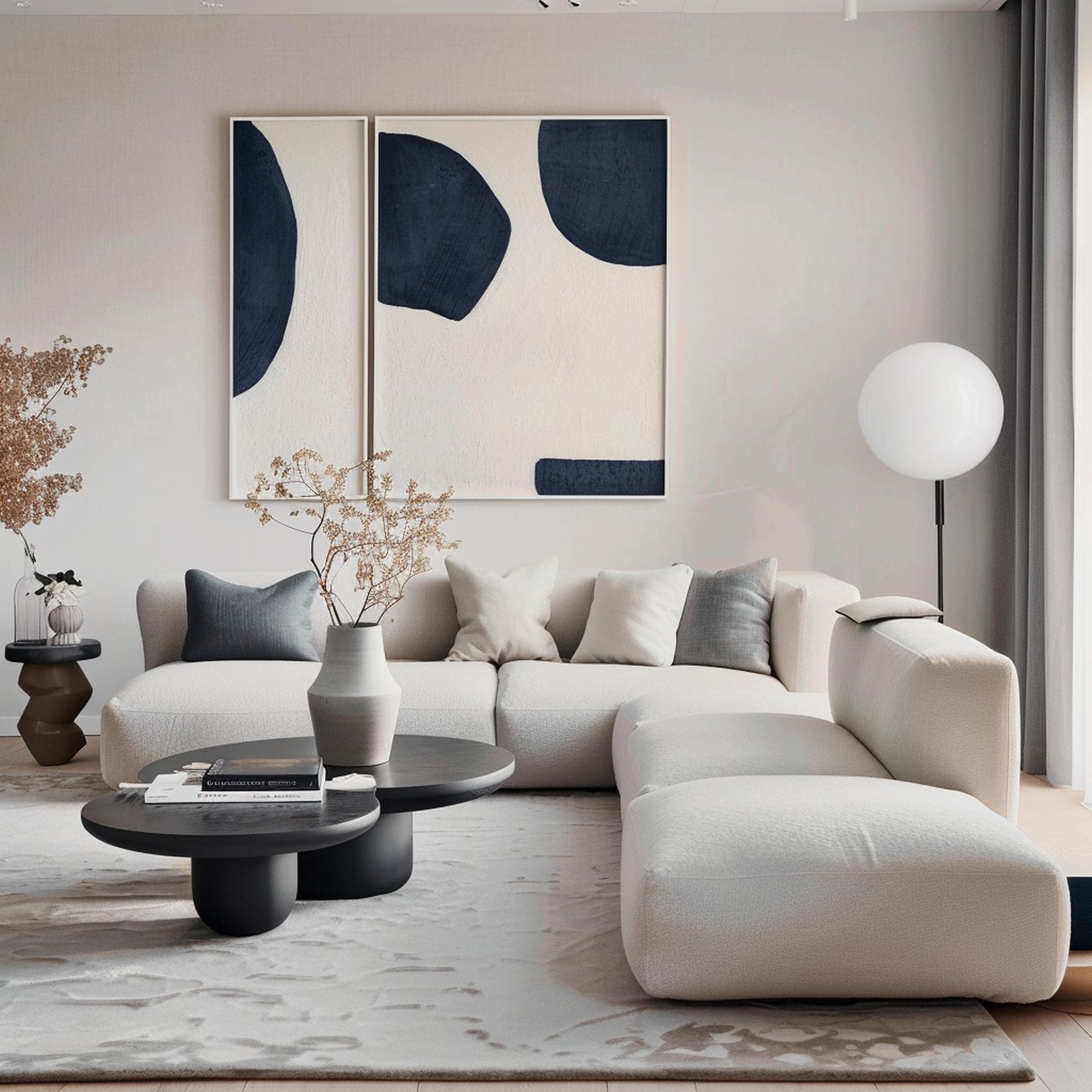 Neutral Japandi Living Room With Gray and Blue Accents