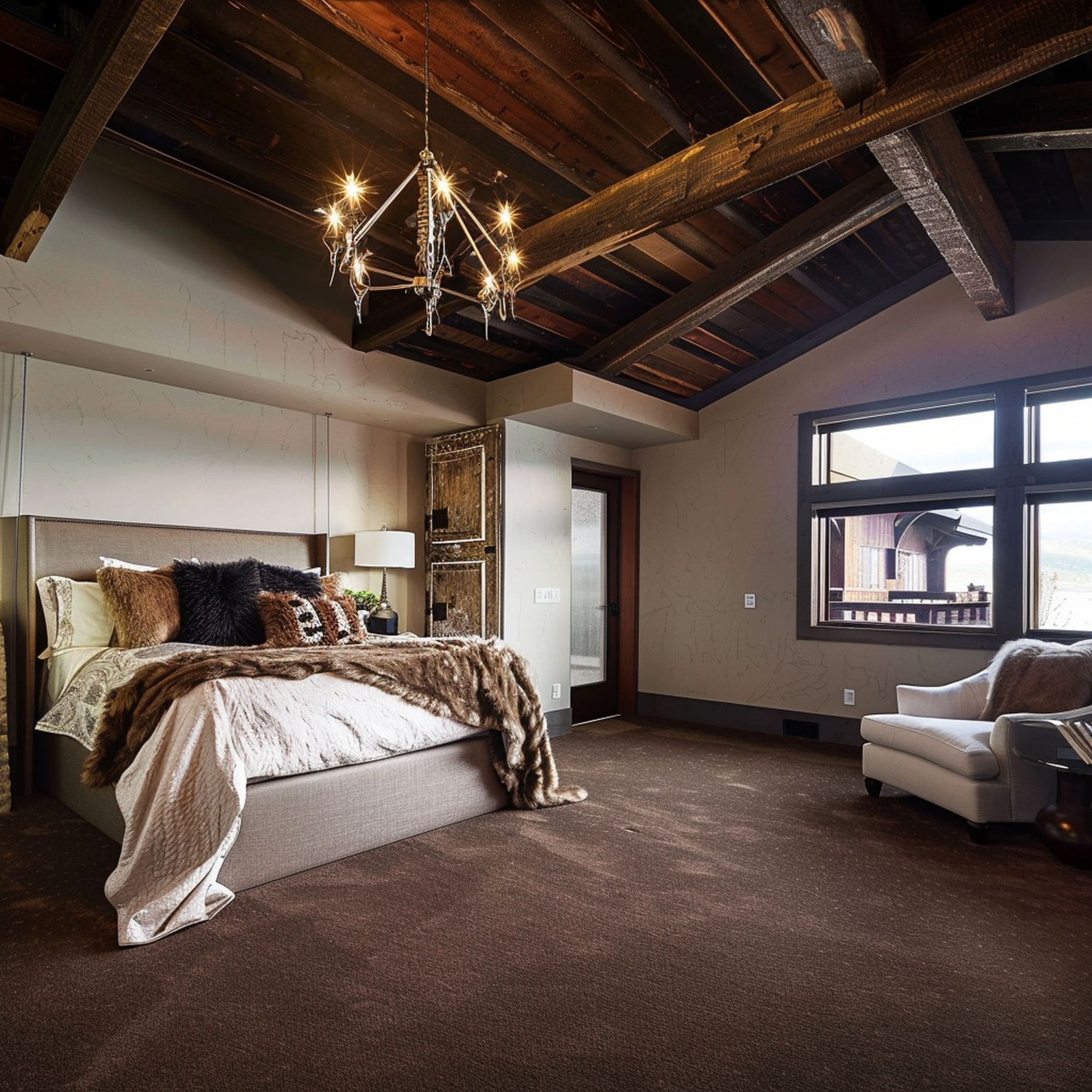 Brown Carpet in Rustic Bedroom