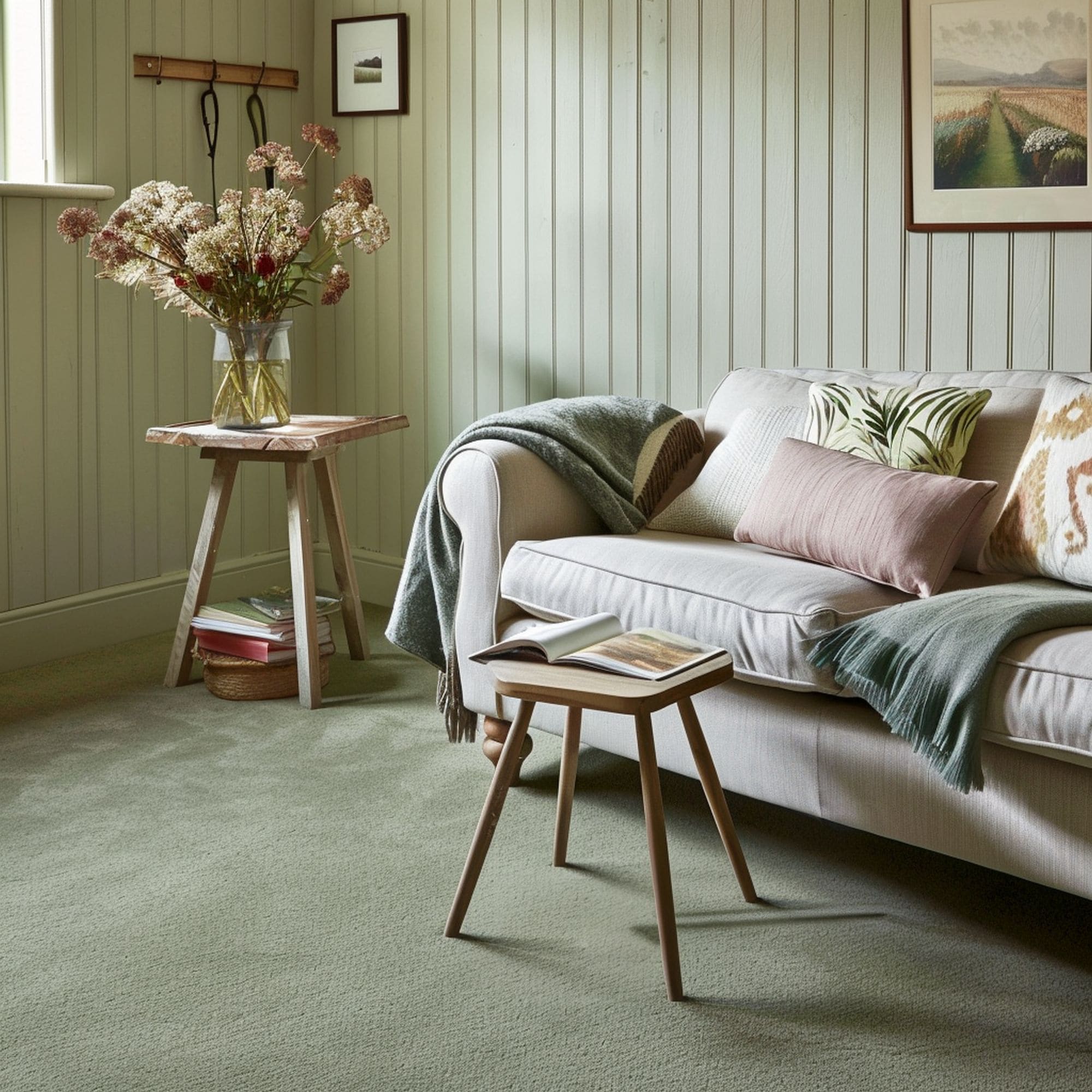 Sage Green Carpet in Country Style Living Room