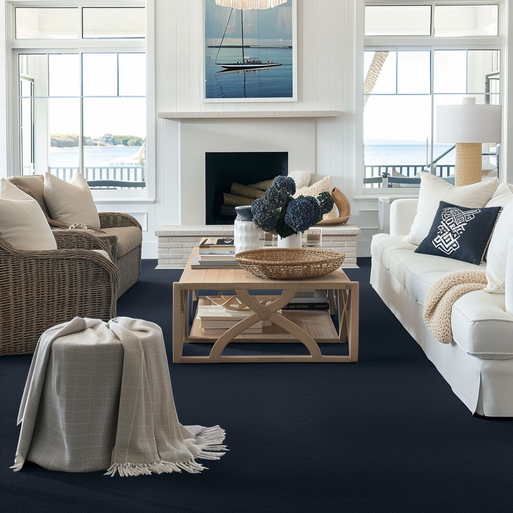 Navy Blue Carpet in Coastal Living Room