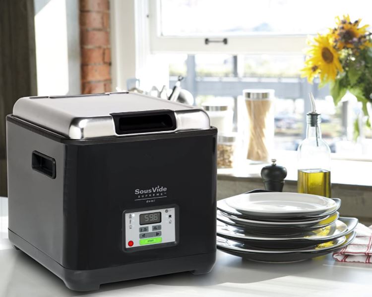 Rectangular Sous Vide Machine Next to Plates