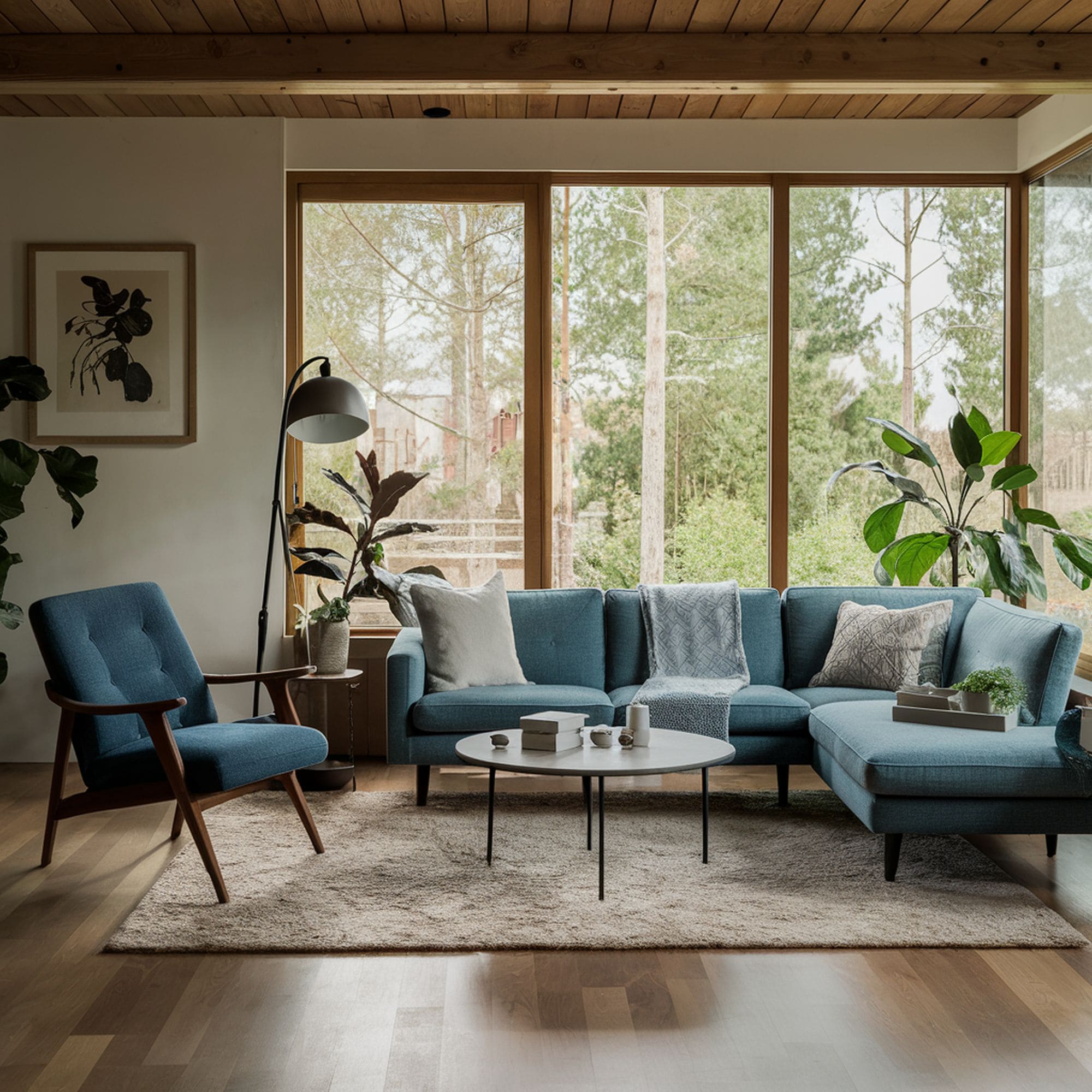 Mid Century Modern Living Room With Large Windows