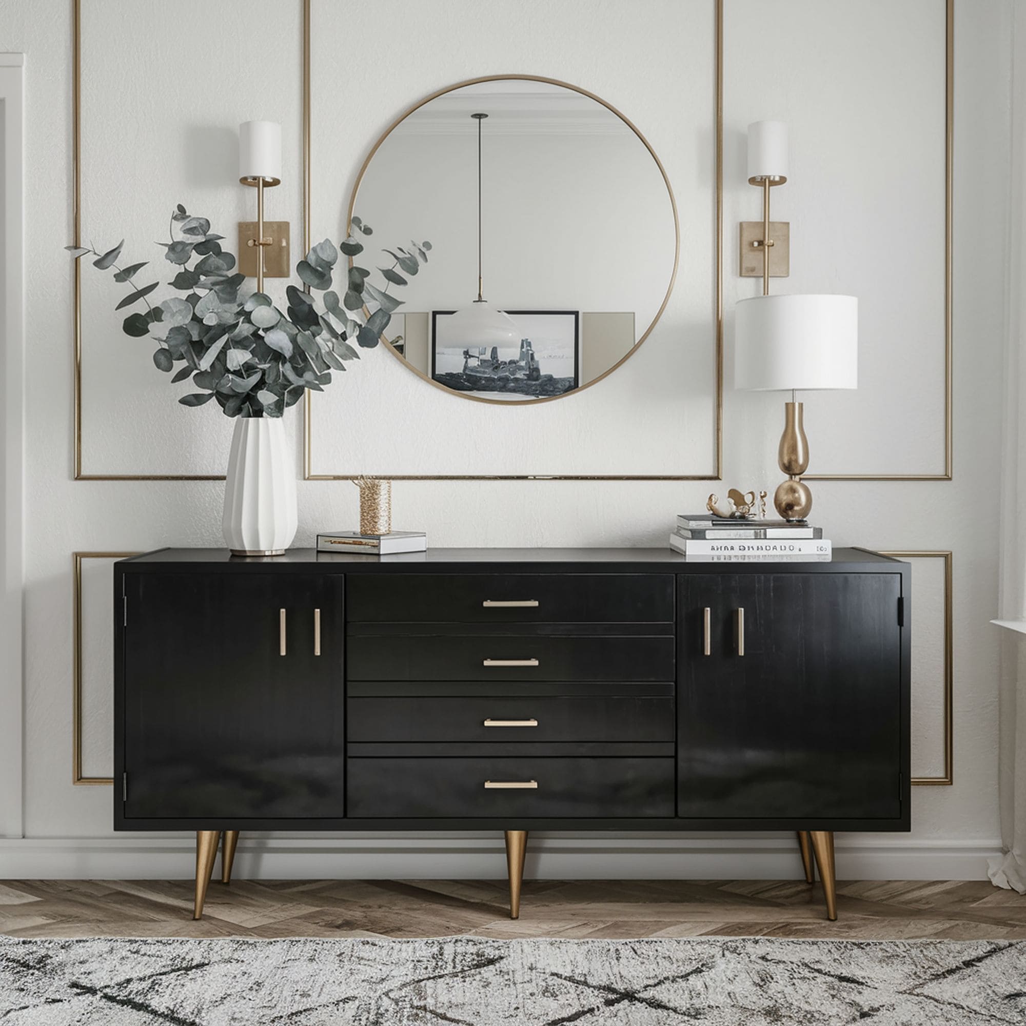 Mid Century Modern Console Table With Gold Accents