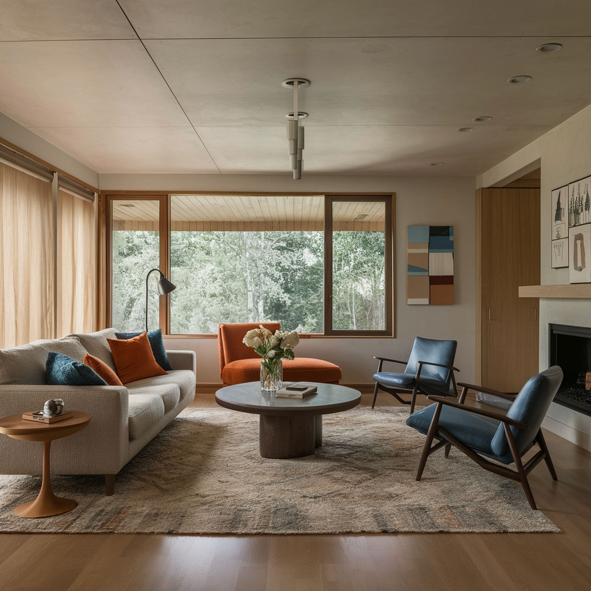 Mid Century Modern Living Room with Blue Chairs