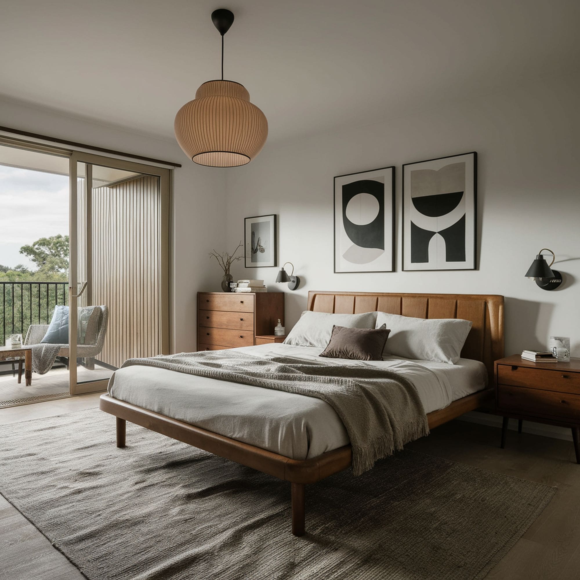 Mid Century Modern Bedroom With Leather Bed