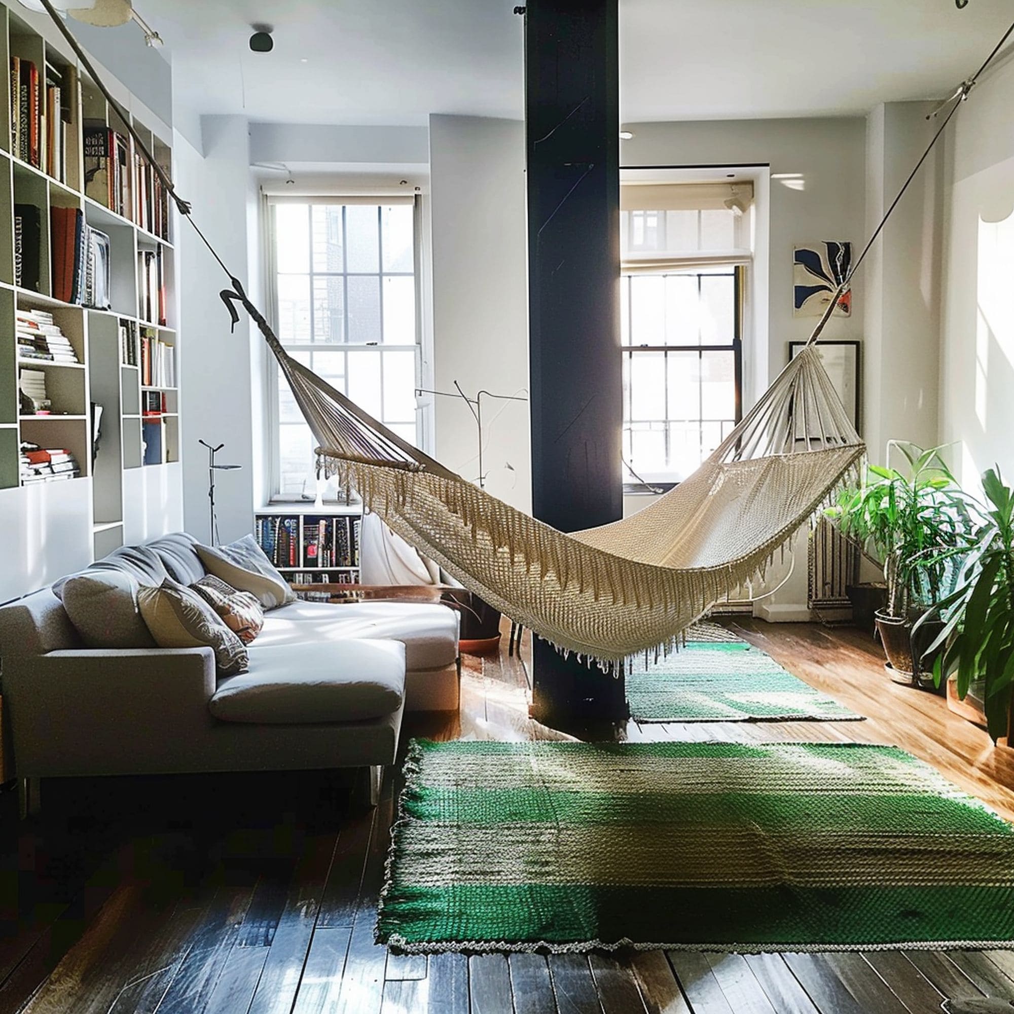 Beige Indoor Hammock in Living Room