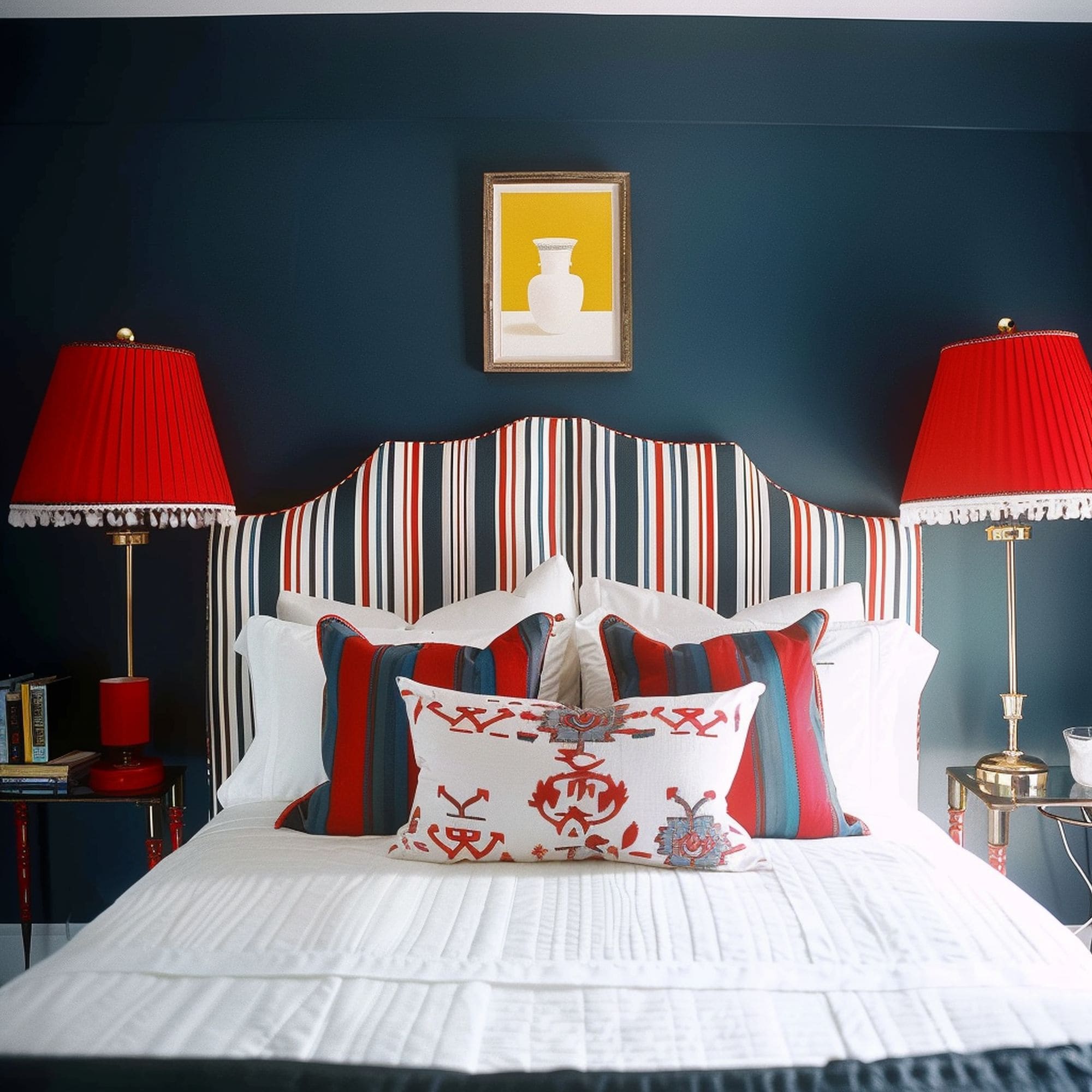 Navy Blue Bedroom With Red Accents