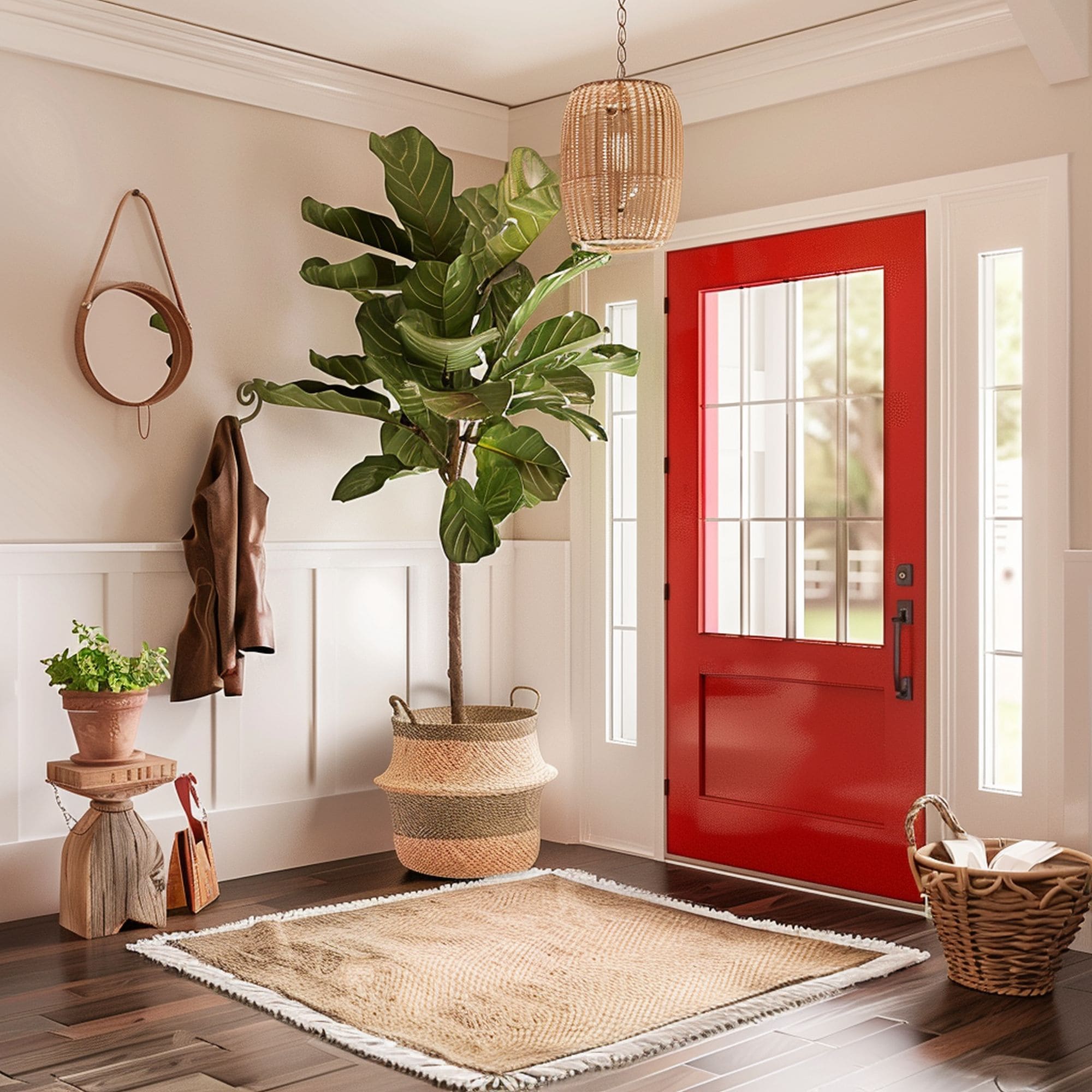 Red Door and Green Plants in the Entryway