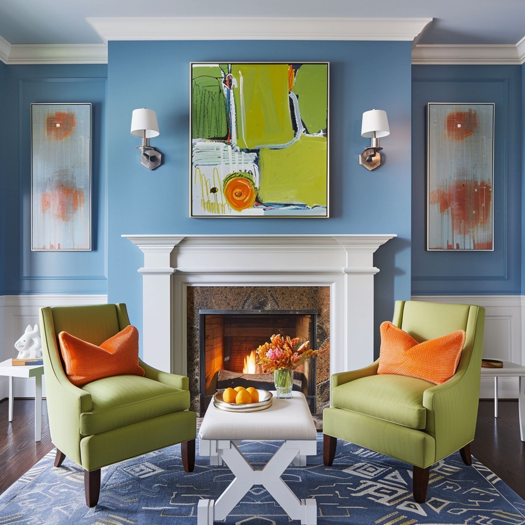 Blue Living Room With Apple Green Accents