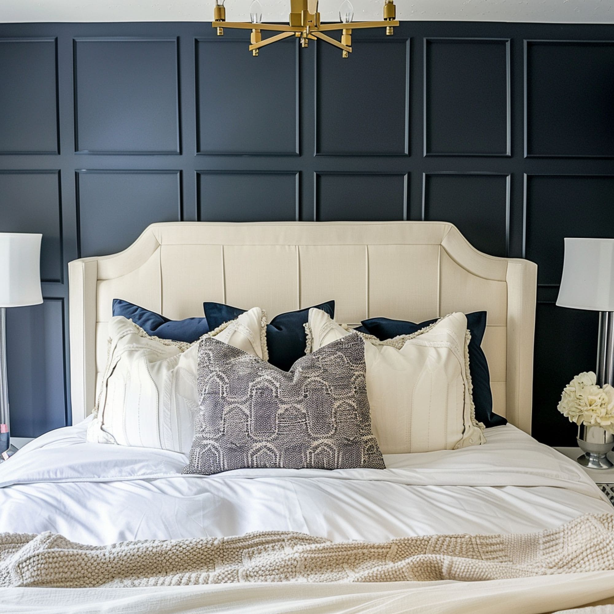 Teal Board and Batten Wall With Beige Headboard