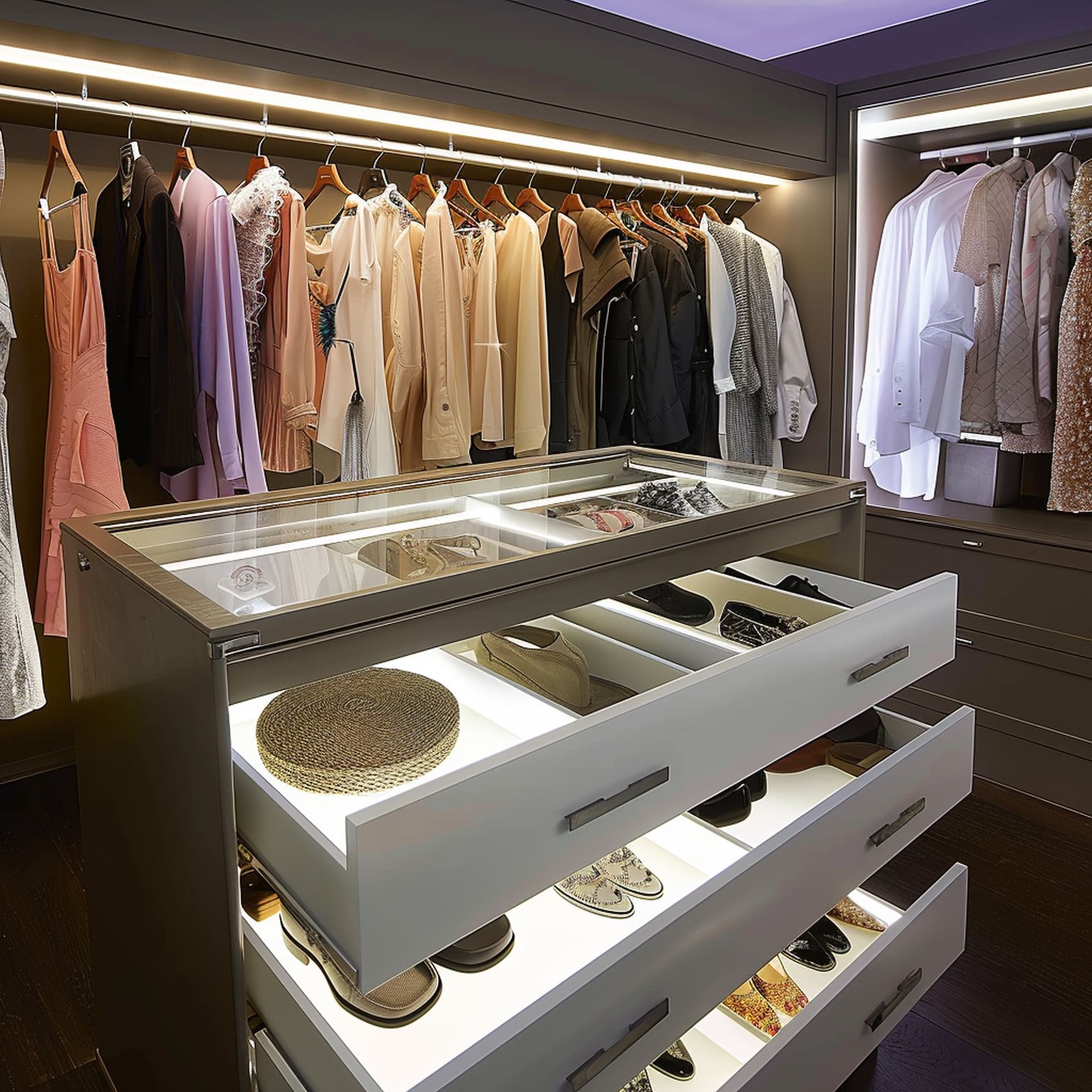 Closet Island With Illuminated Drawers