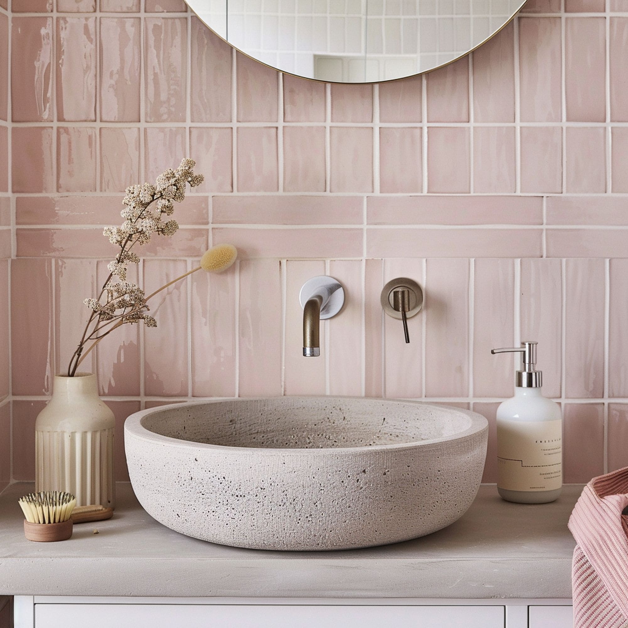 Concrete Sink in Pink Bathroom
