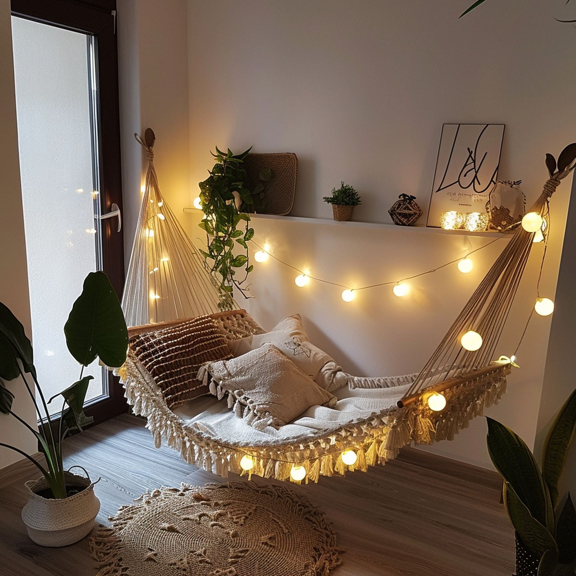 Indoor Hammock Decorated With String Lights
