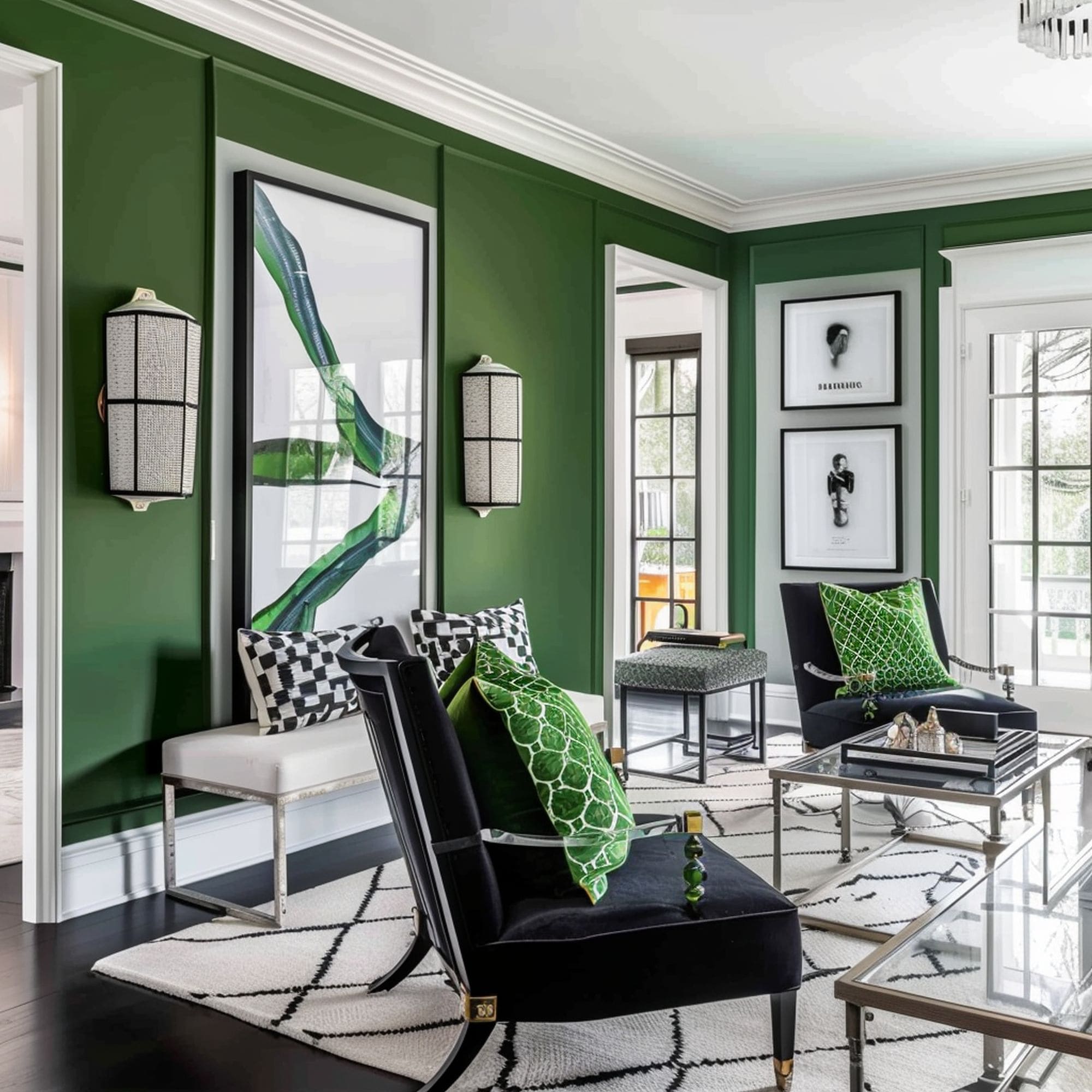 Green Living Room With Black and White Accents