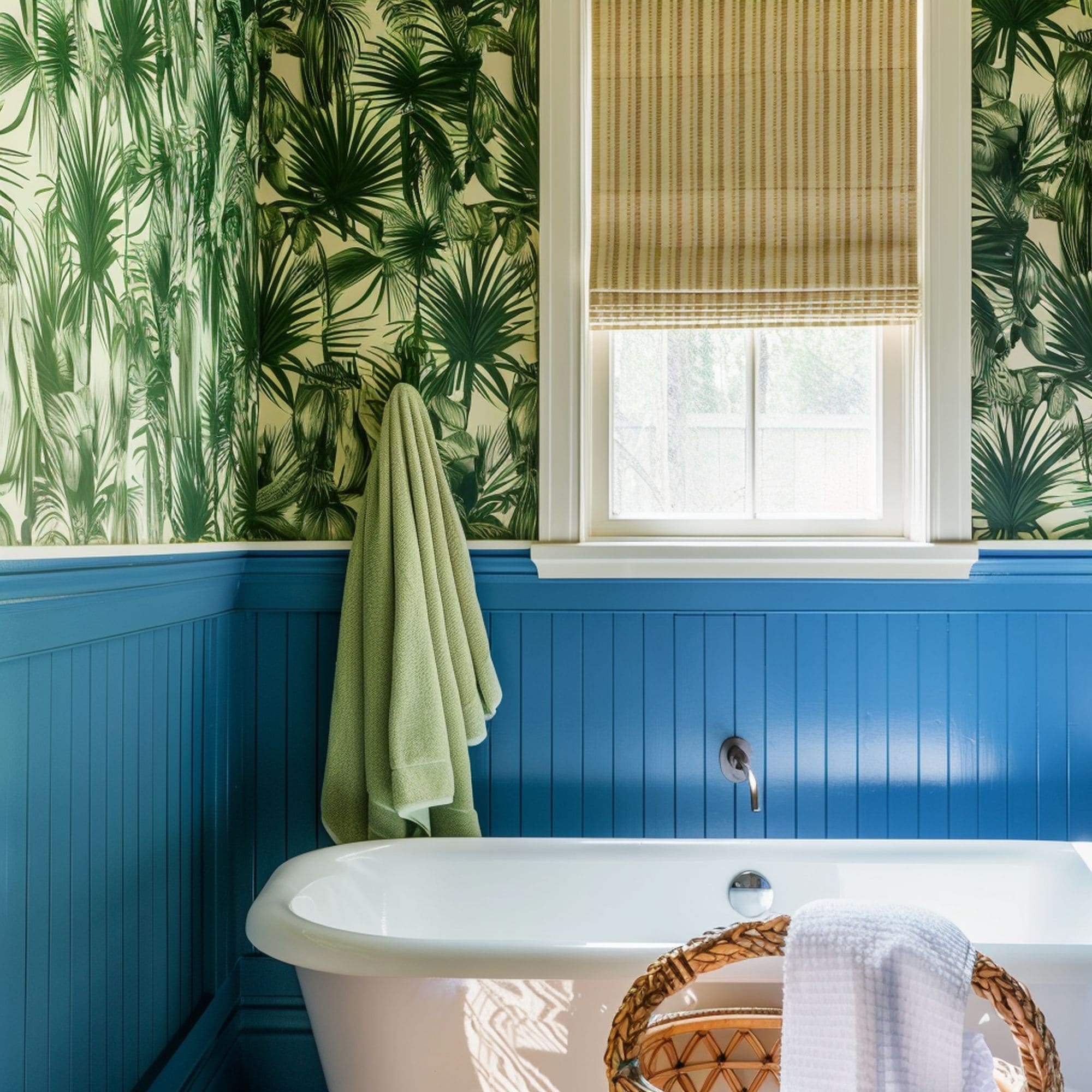 Bathroom With Blue Wainscoting and Green Wallpaper
