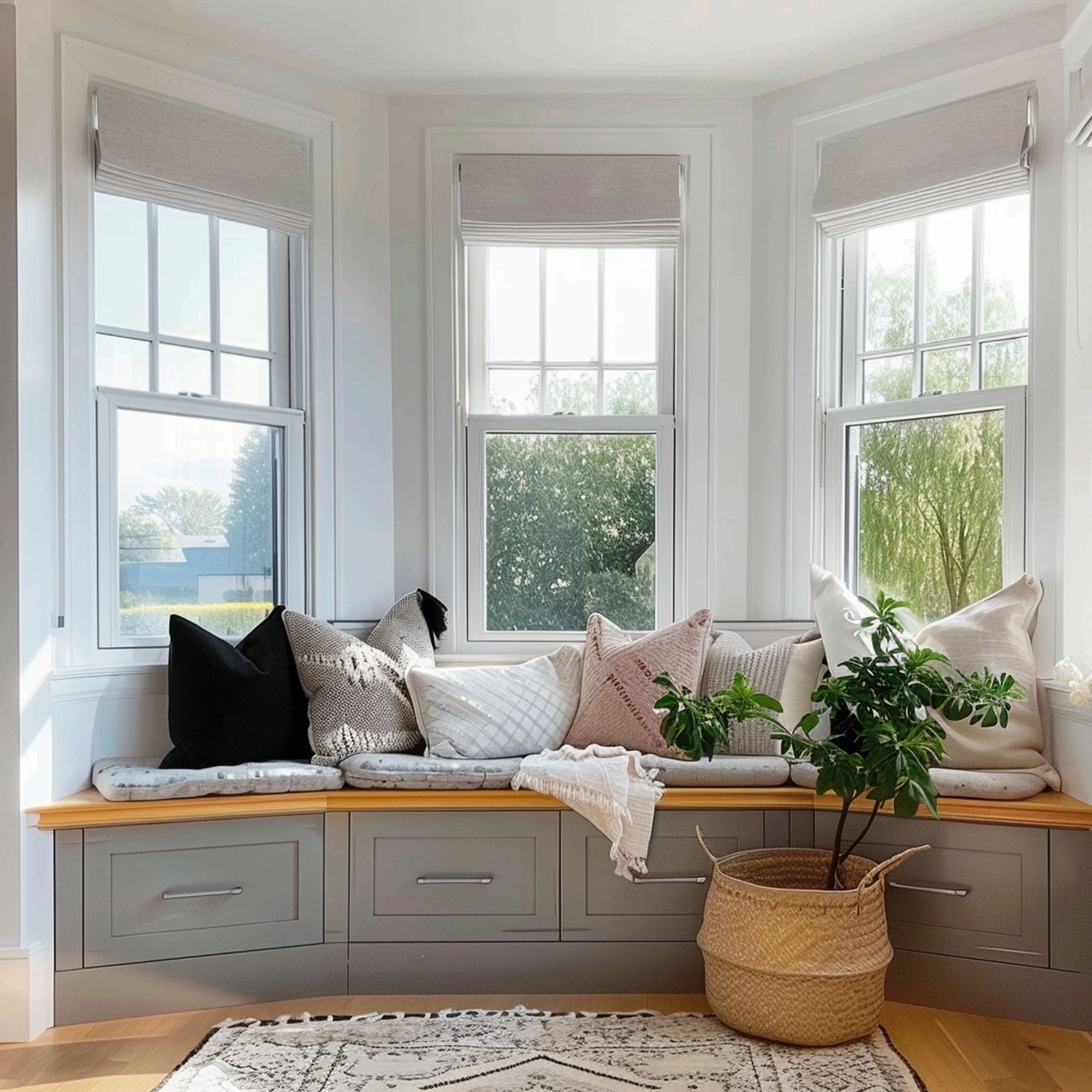 Bay Windows With Gray Bench