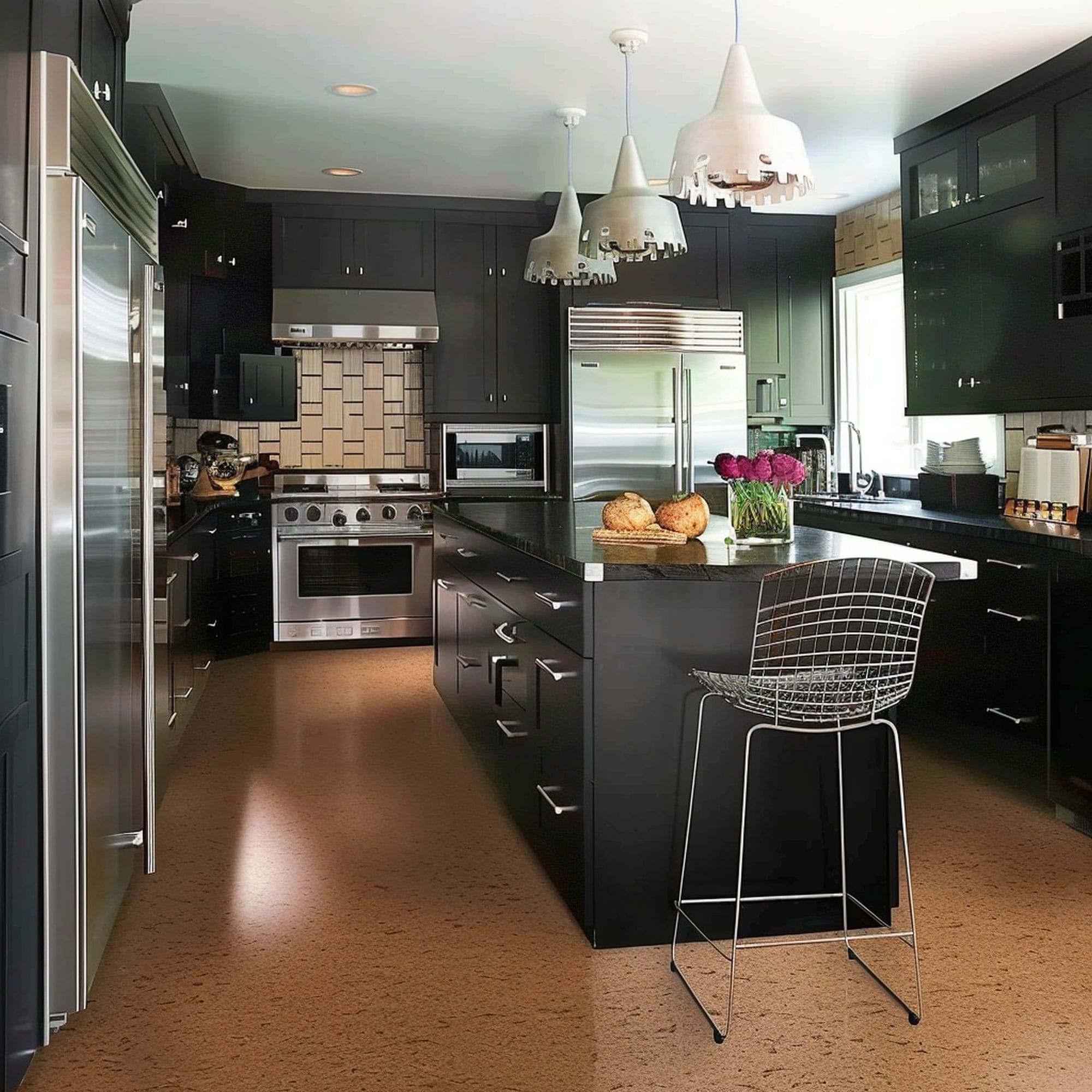 Cork Floor in Black Kitchen