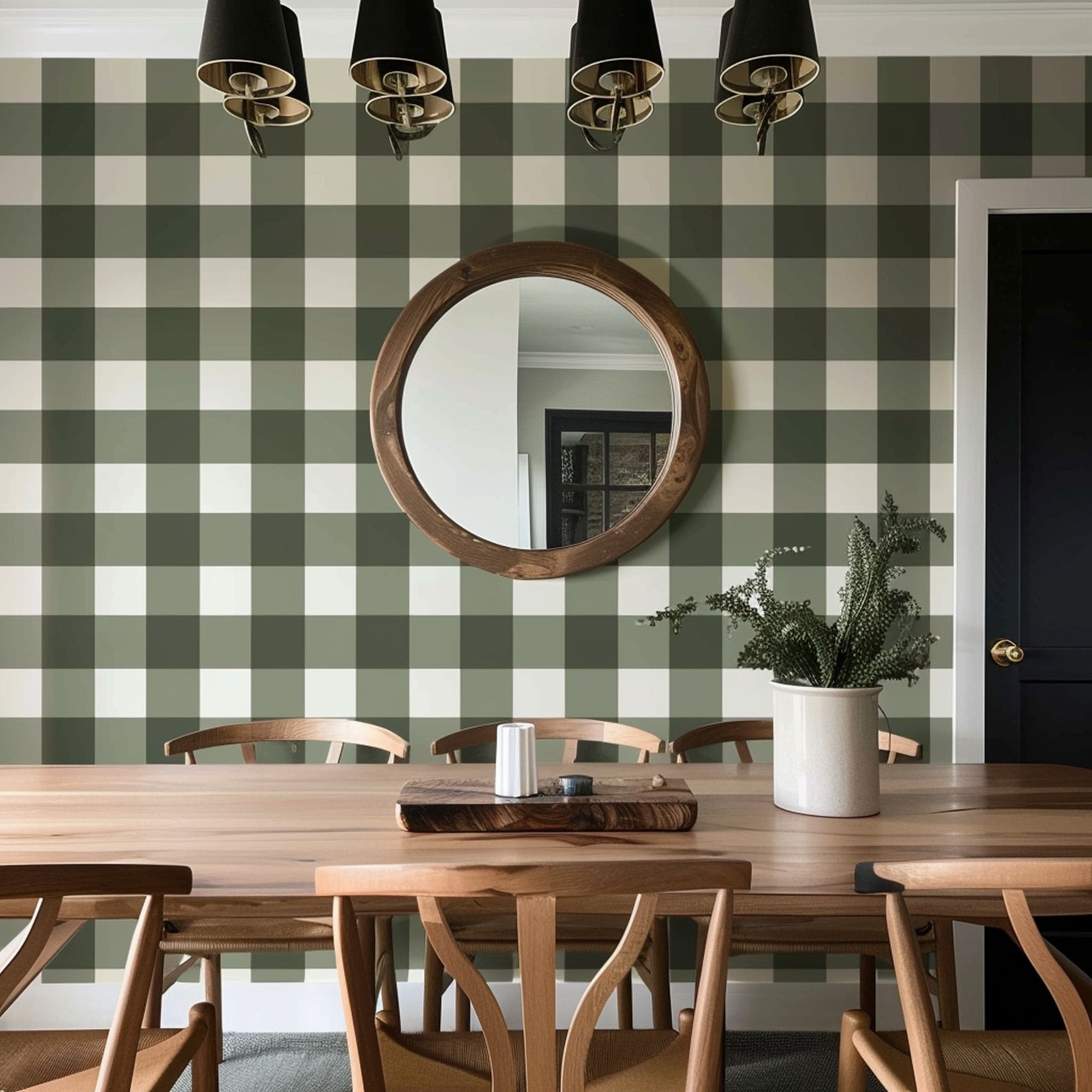 Earthy Green Wall in Brown Dining Room