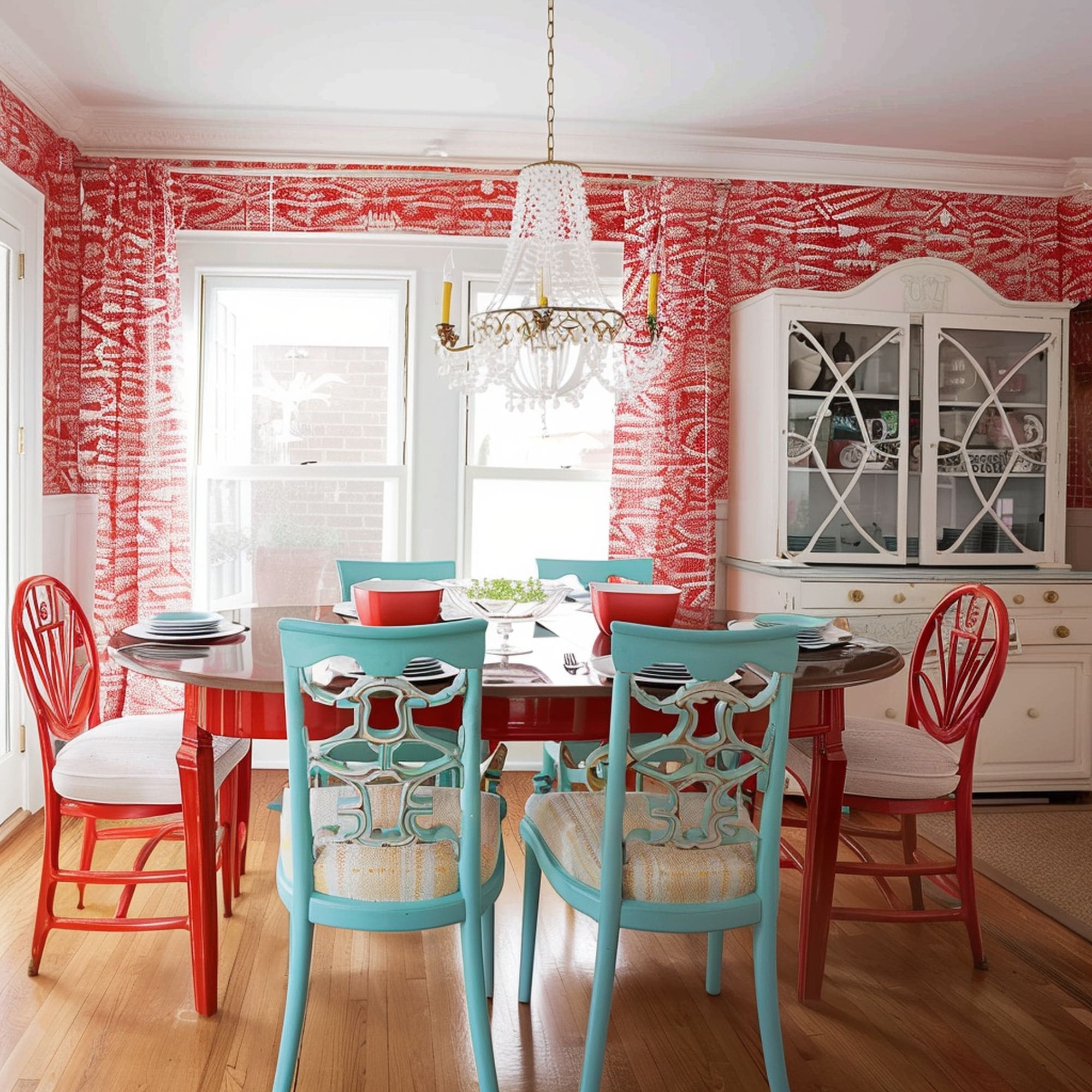 Red Dining Room With Turquoise Chairs