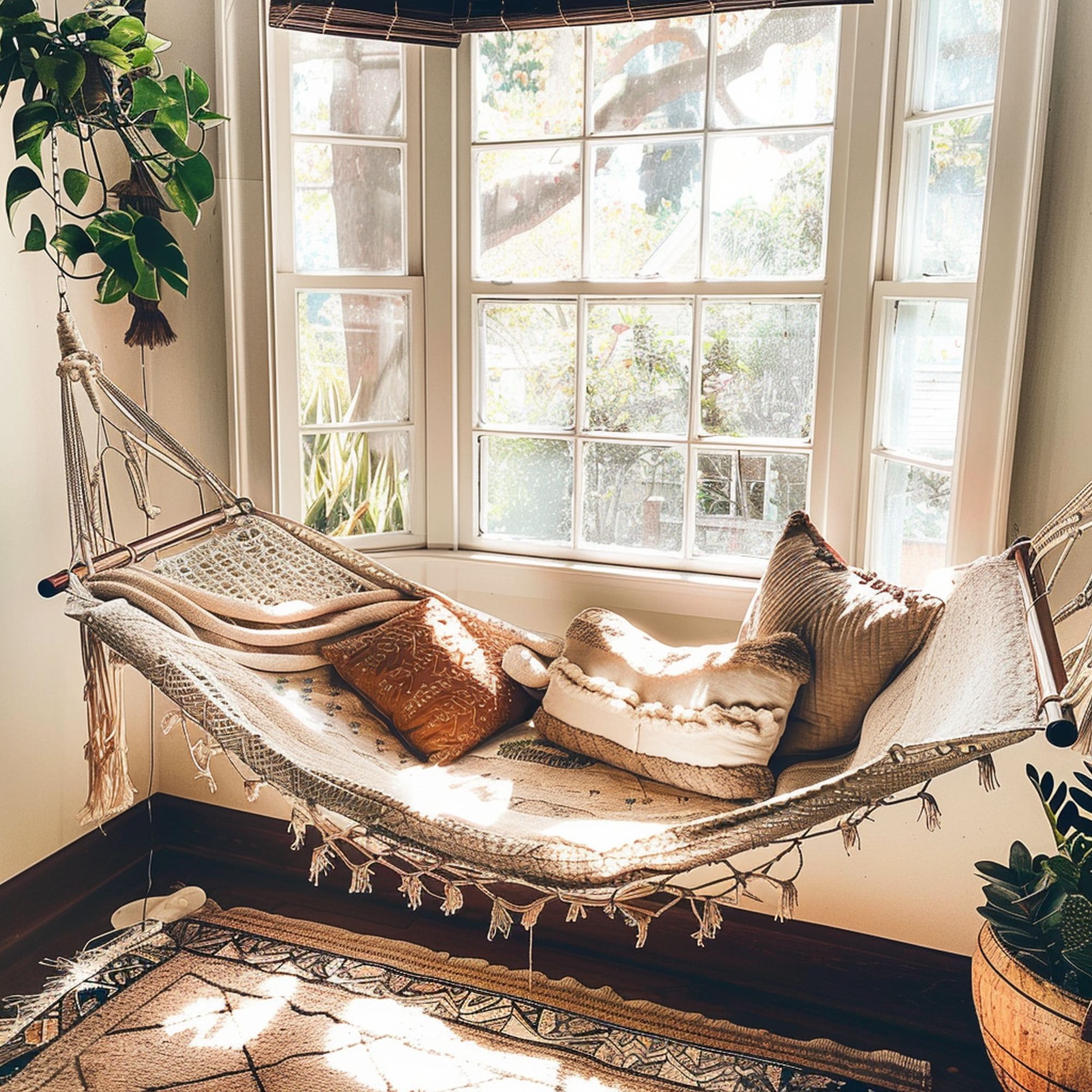 Indoor Hammock Next to Bay Windows