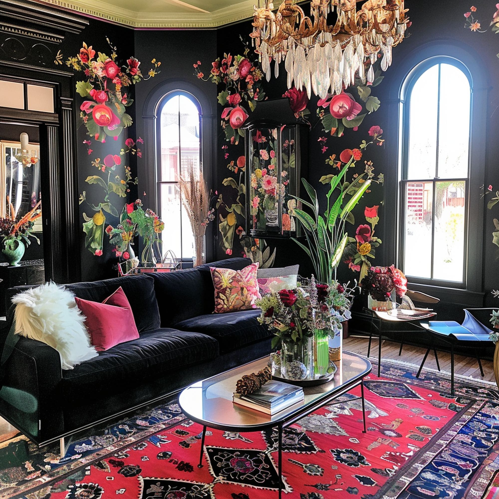 Black Living Room With Red Accents