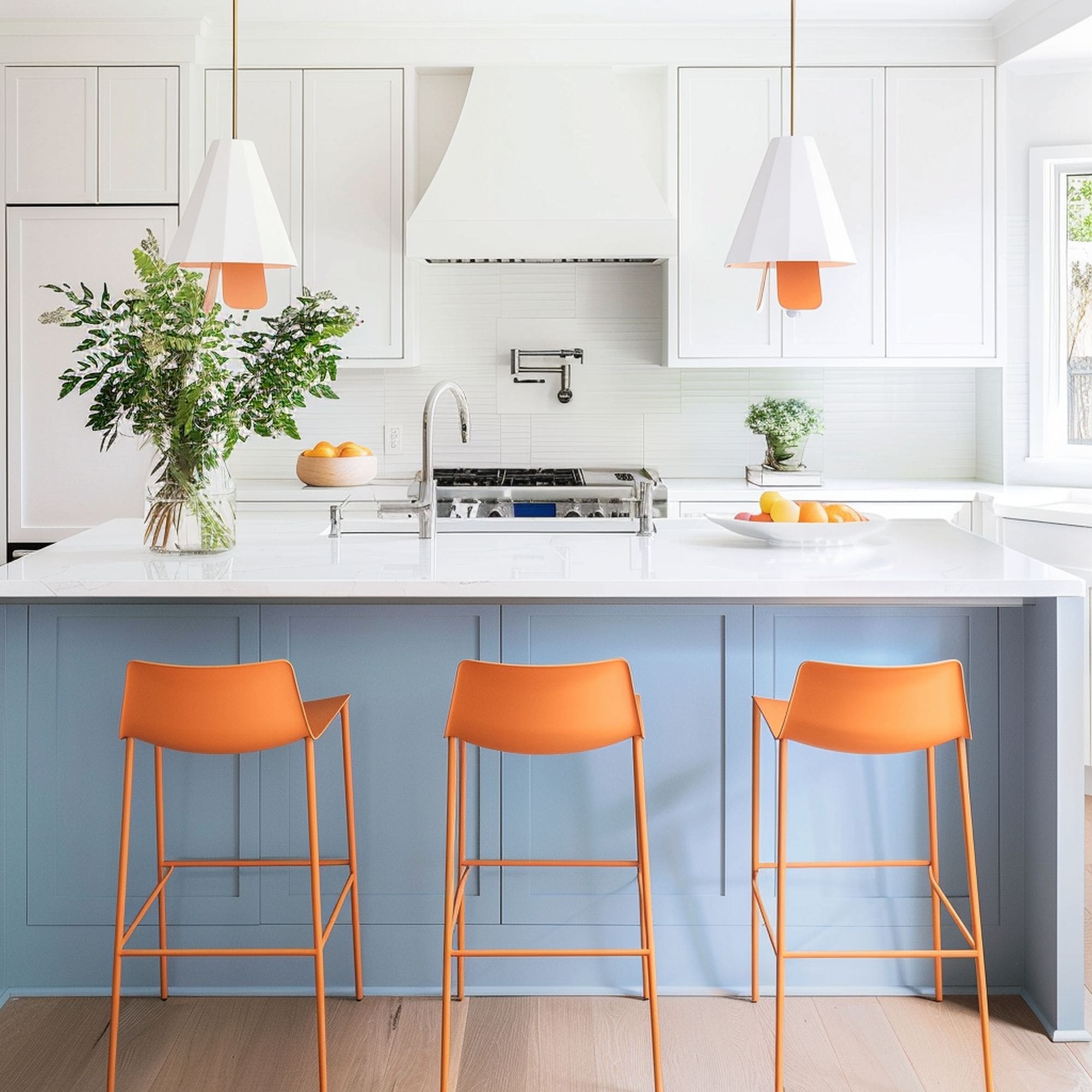 Blue Kitchen Island With Orange Bar Stools