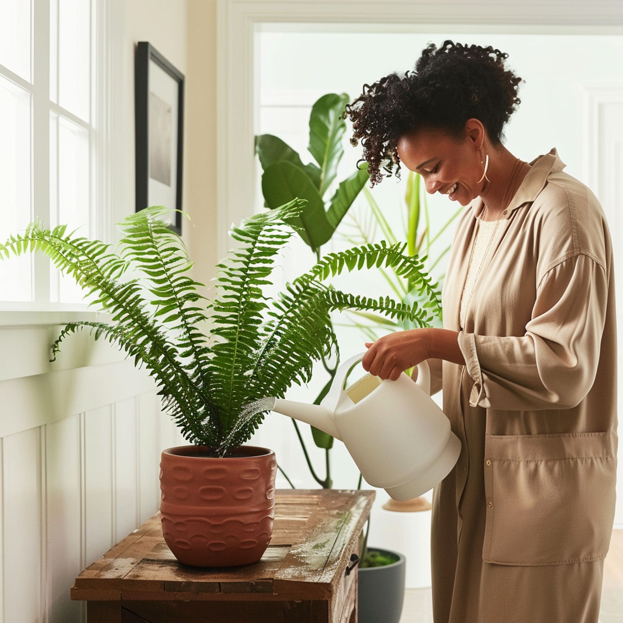 Woman Watering Kimberly Queen Fern