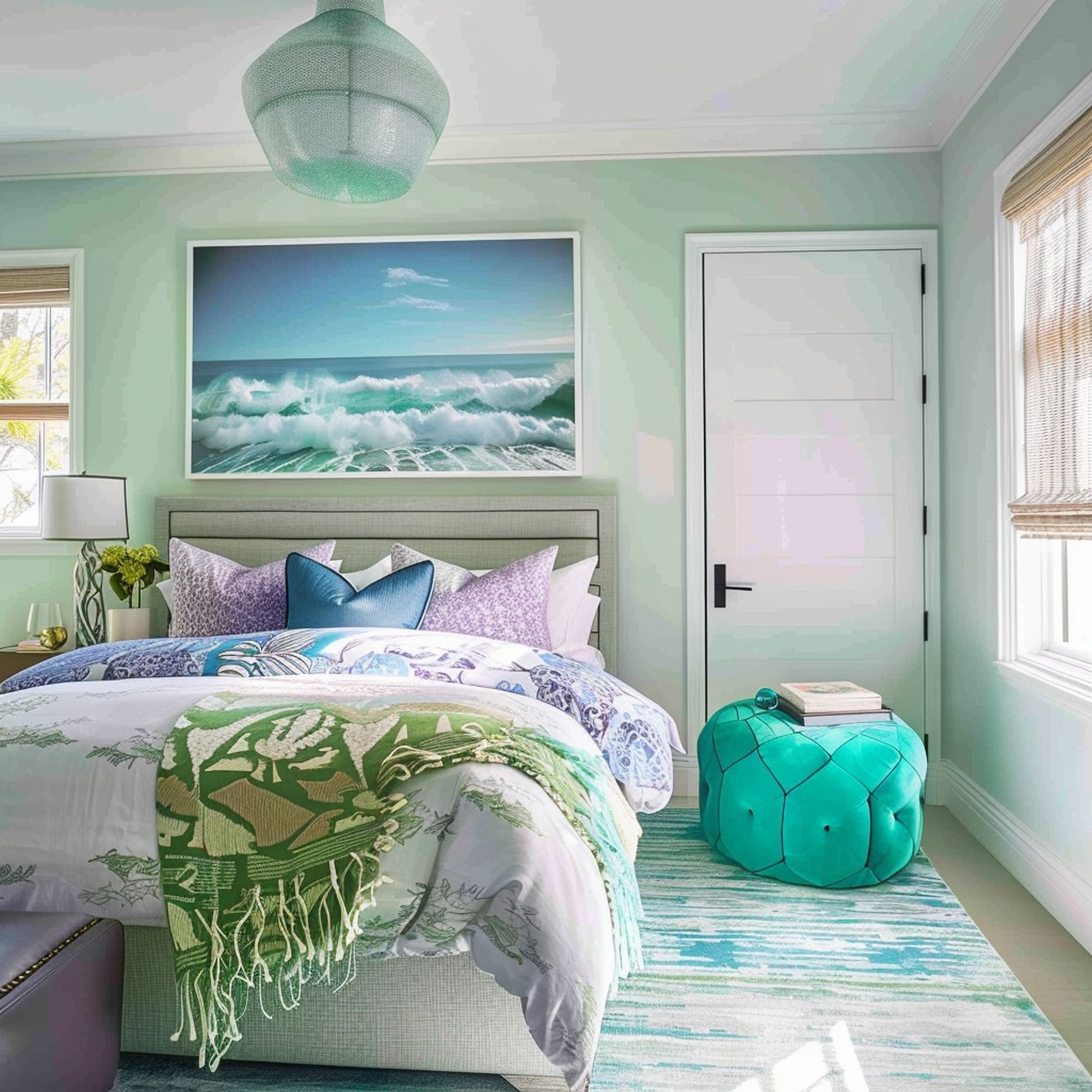 Mint Green Bedroom With Purple and Blue Accents