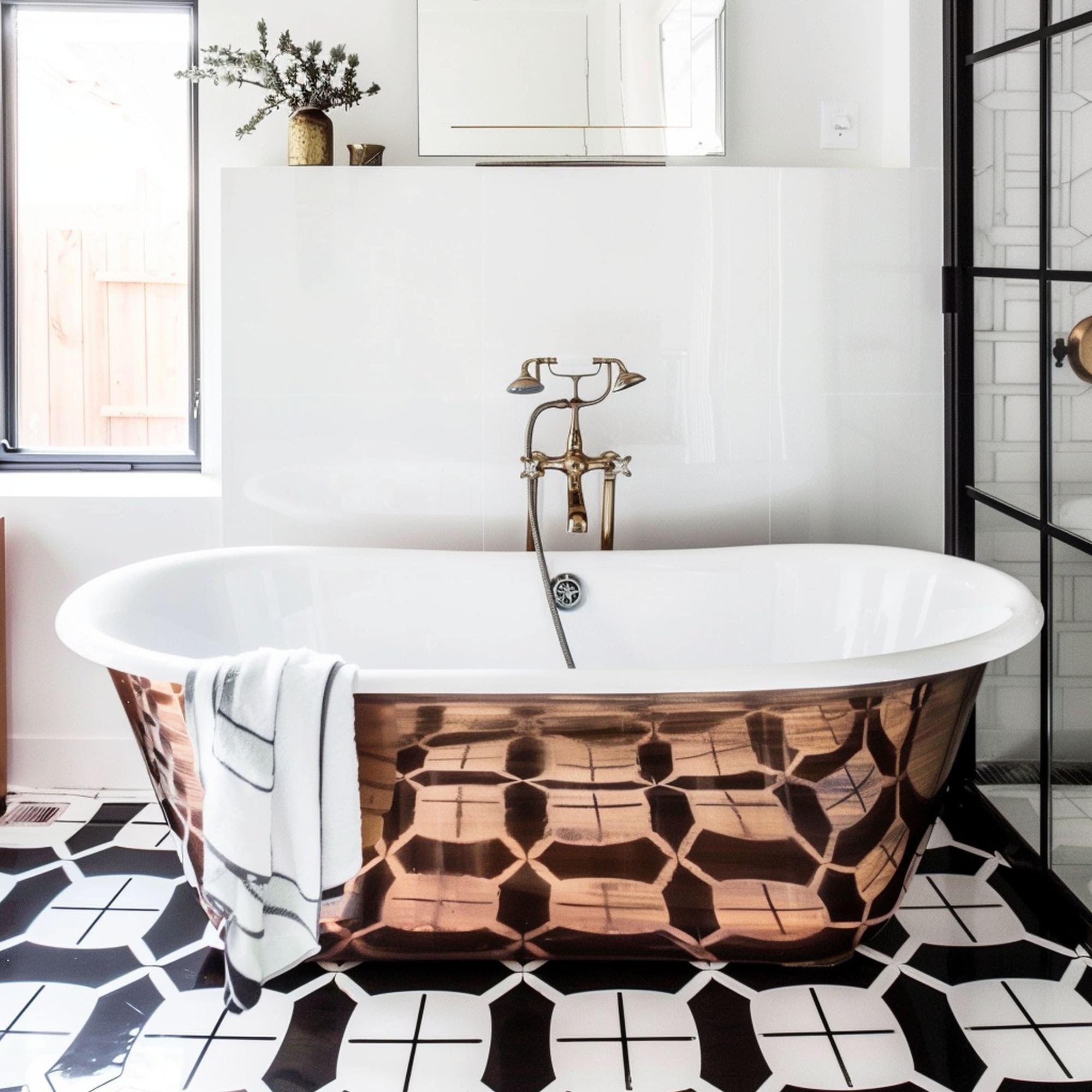 Black and White Bathroom With Copper Bathtub