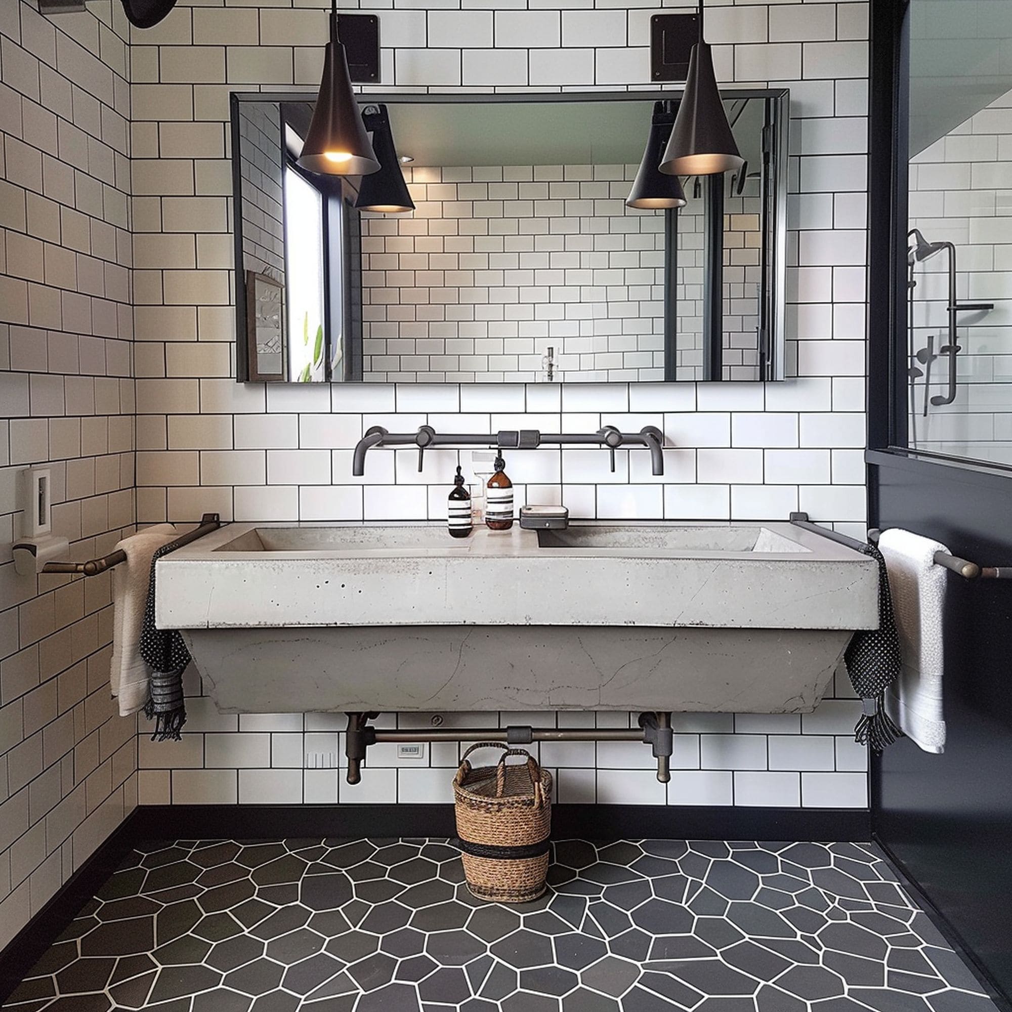 Double Concrete Sink in Industrial Bathroom