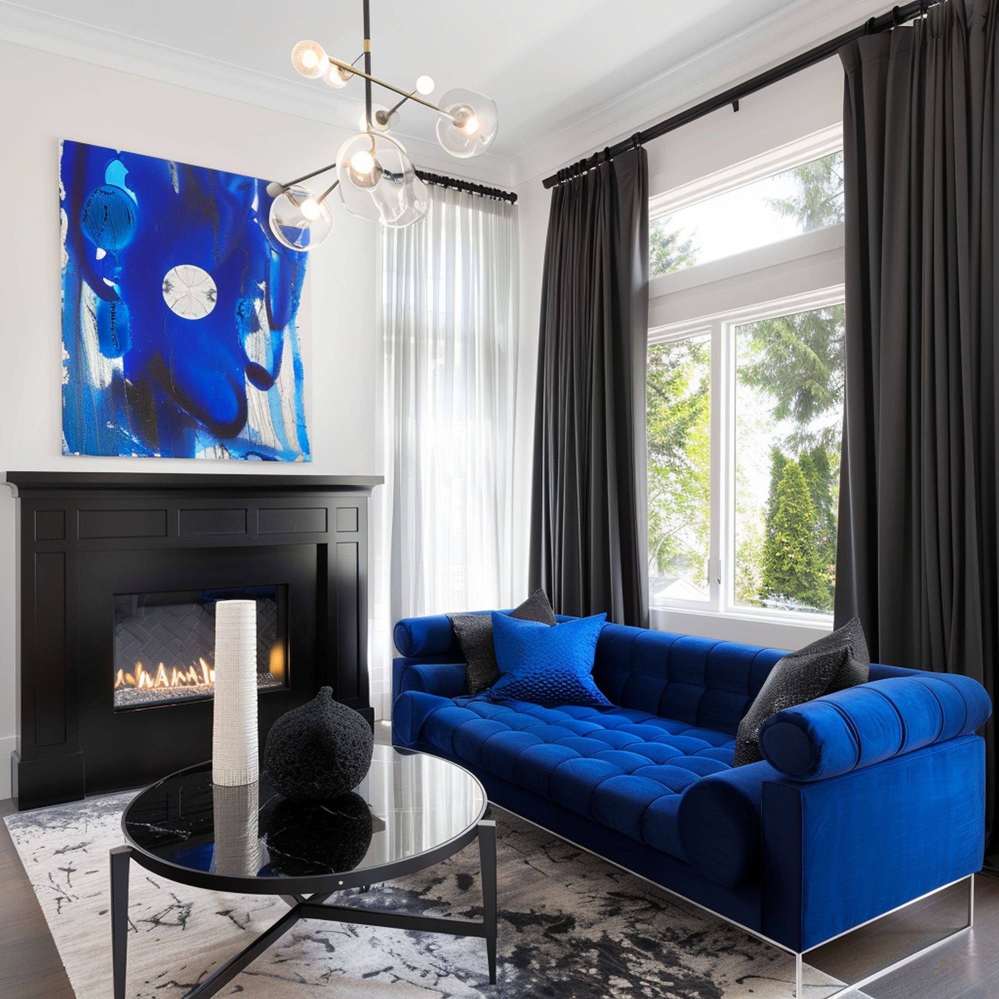 Black and Royal Blue Living Room