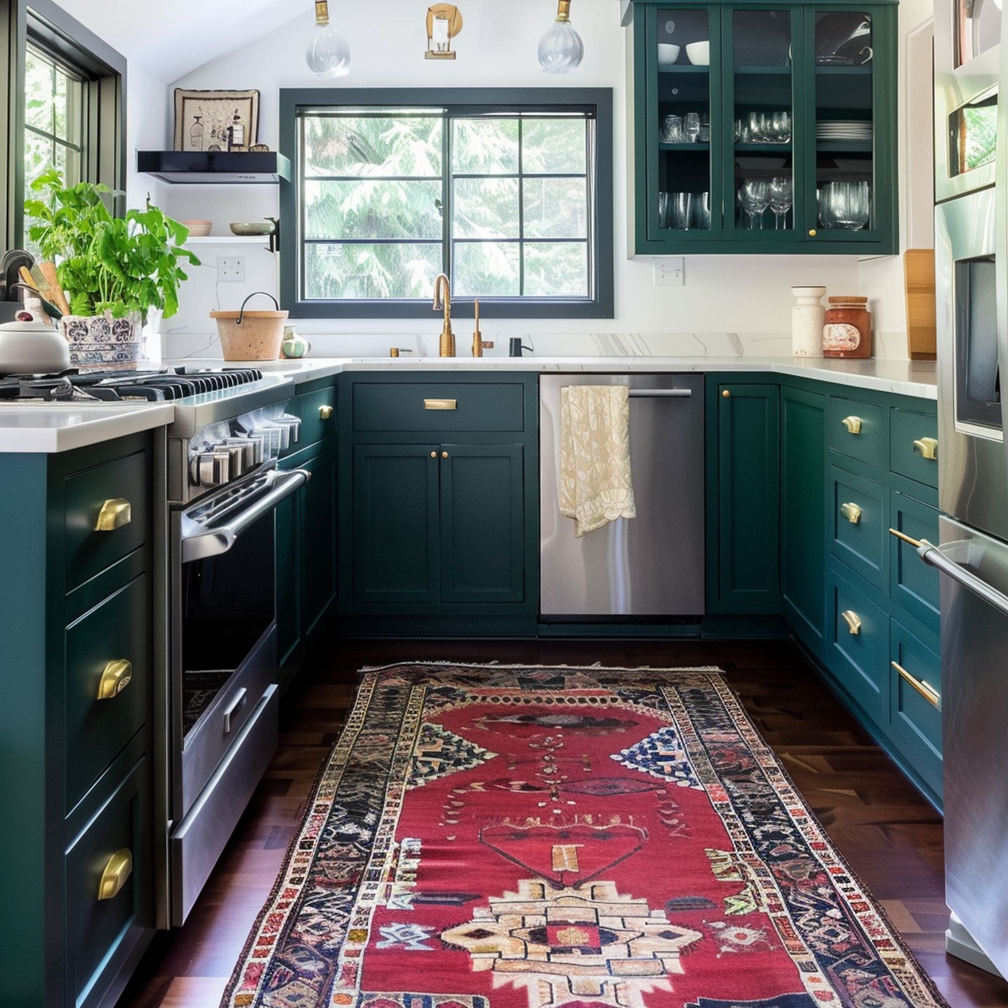 Teal Green Kitchen With Red Rug