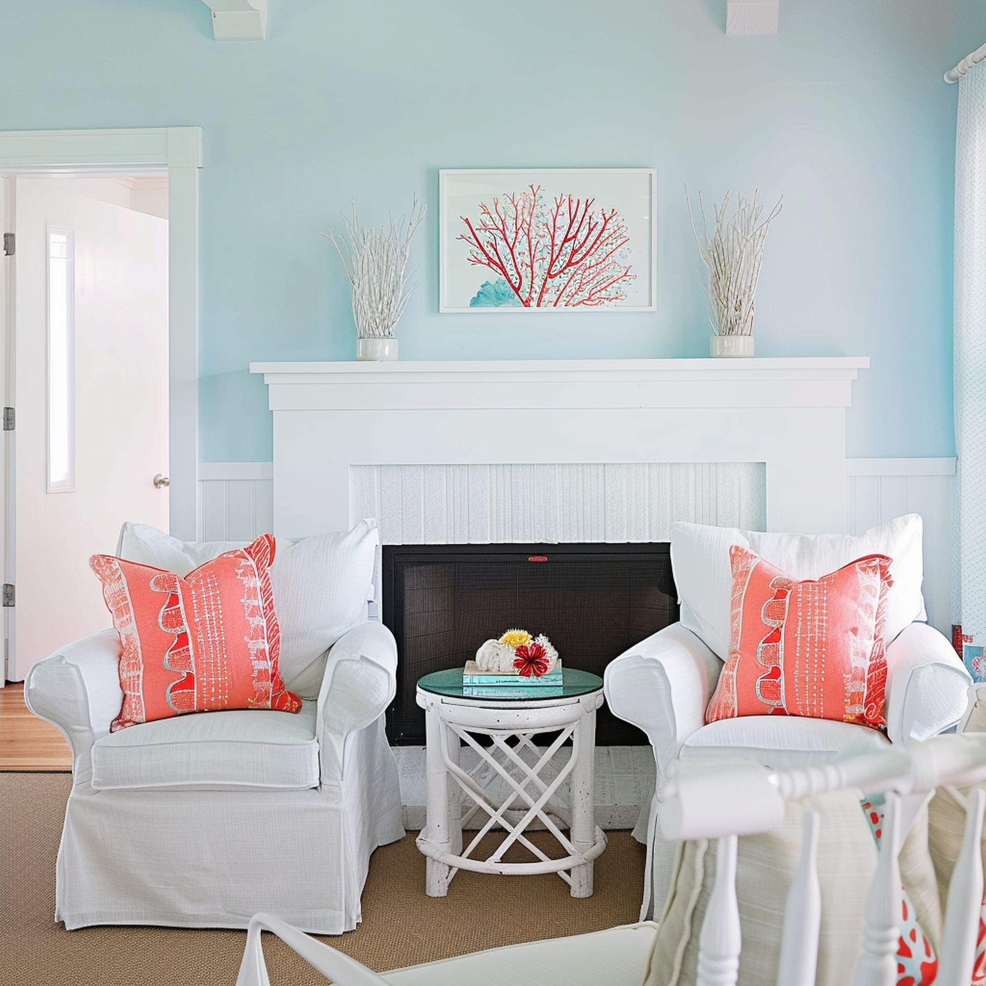 Coastal Pale Blue Living Room With Coral Accents