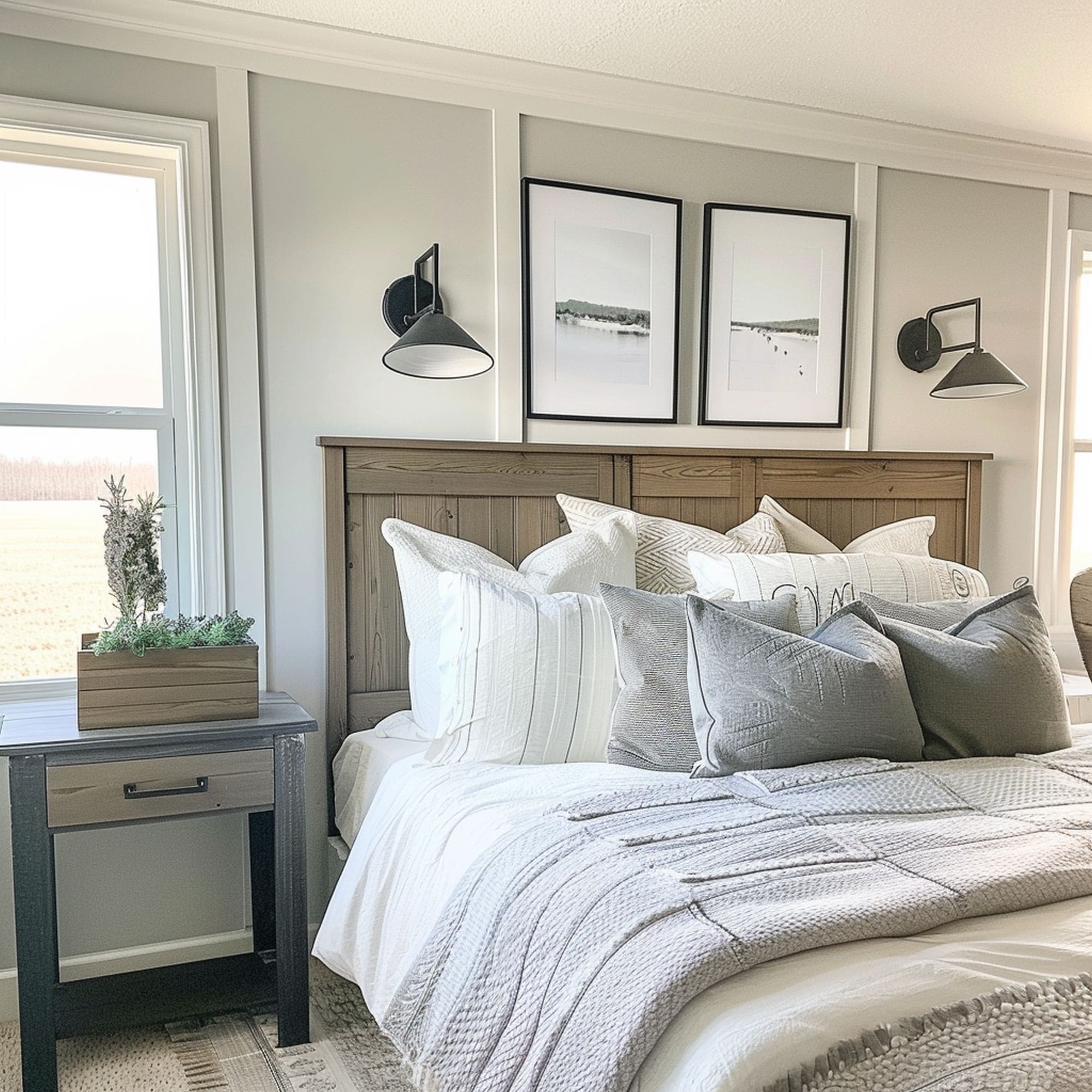 Modern Farmhouse Bedroom With Light Gray Wall