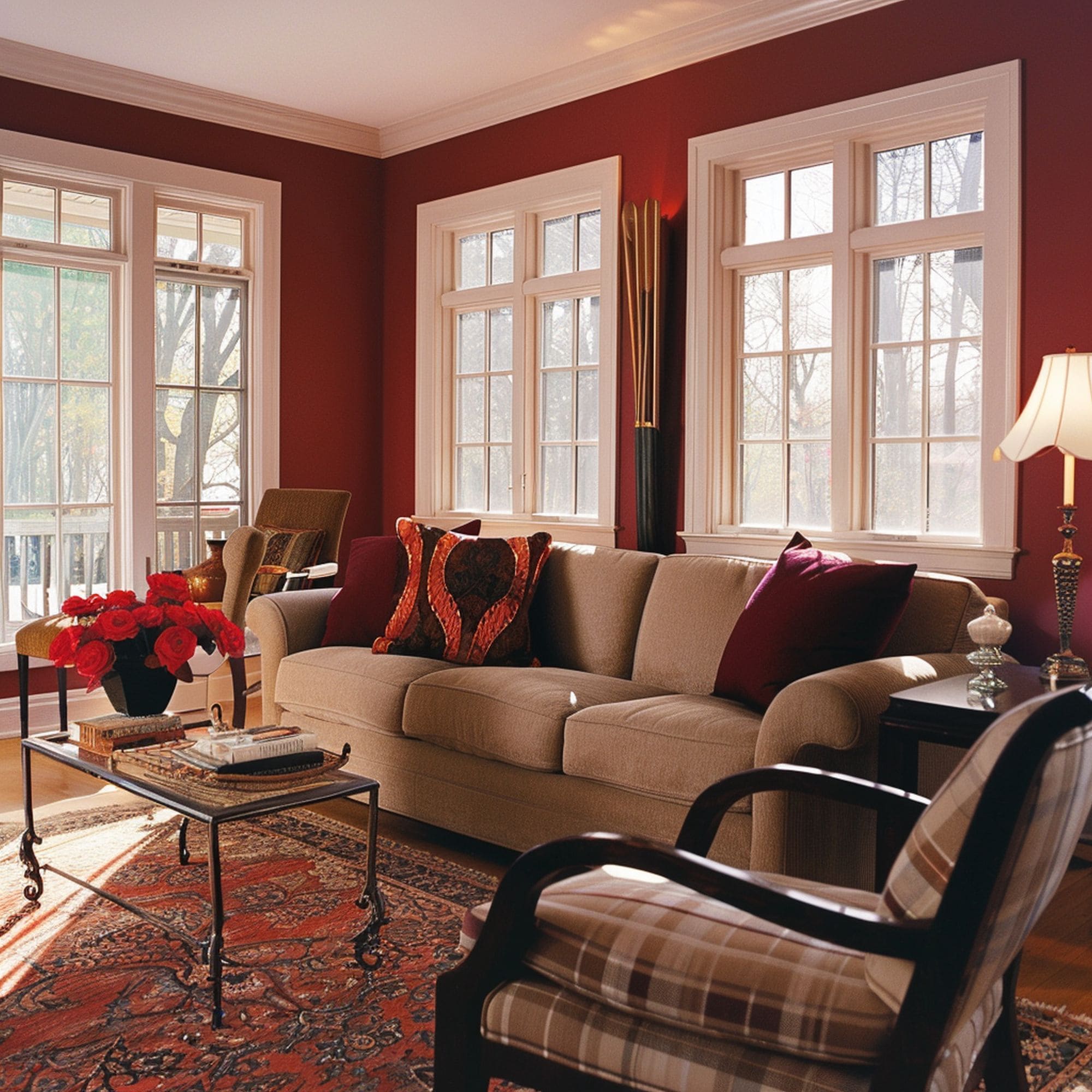 Traditional Living Room With Red Walls