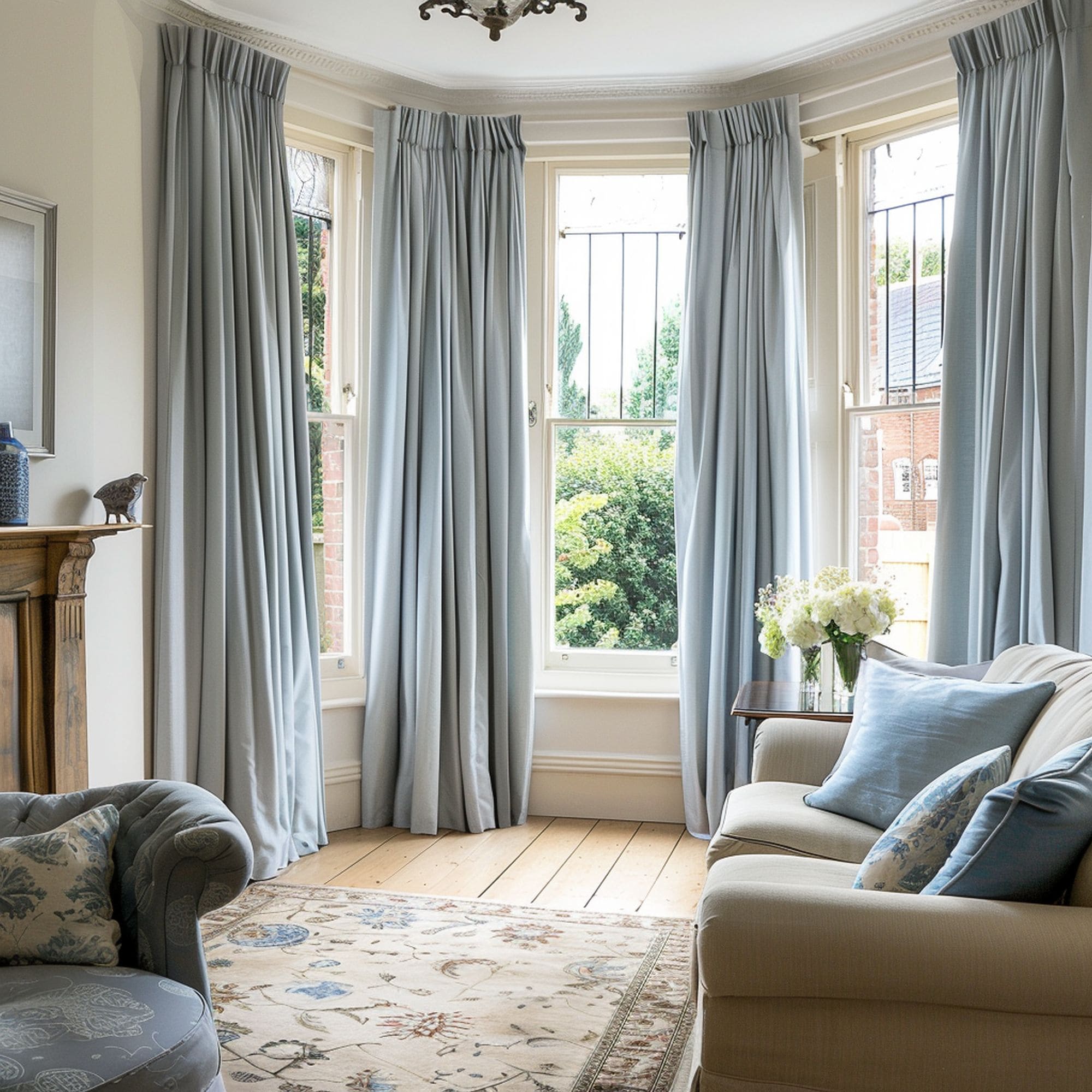 Bay Windows With Blue Curtains