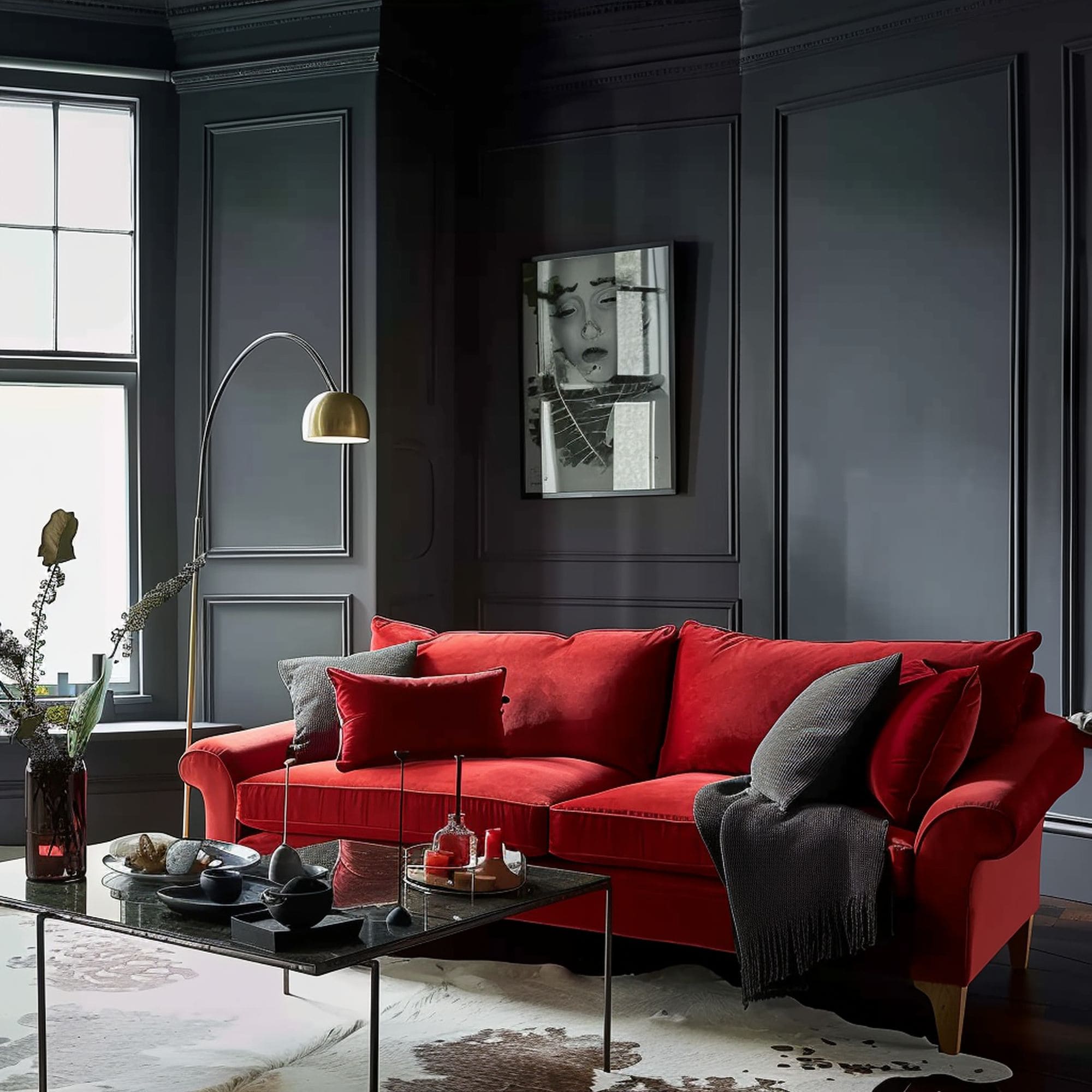 Dark Gray Living Room With Red Couch