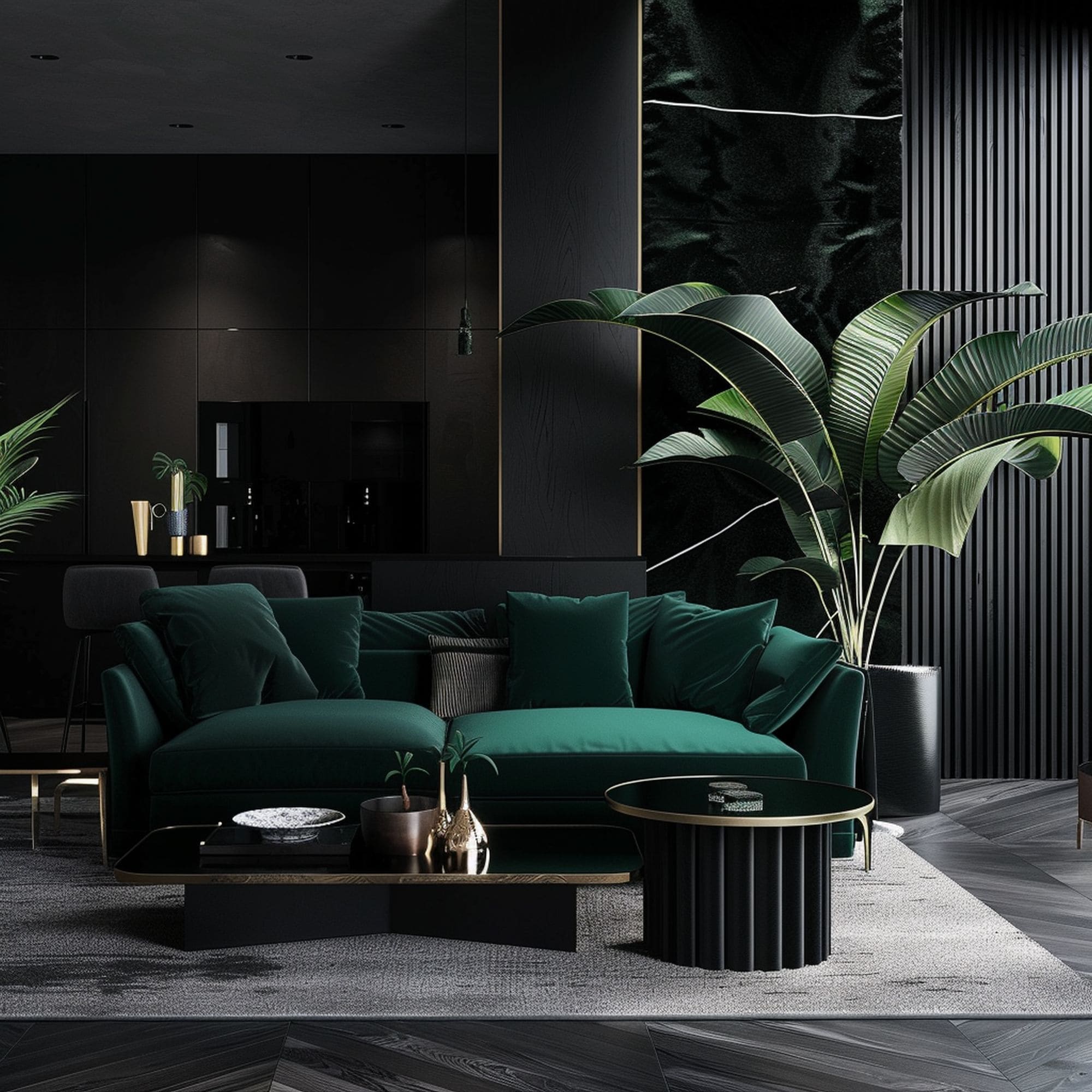 Luxurious Black Living Room With Emerald Green Couch