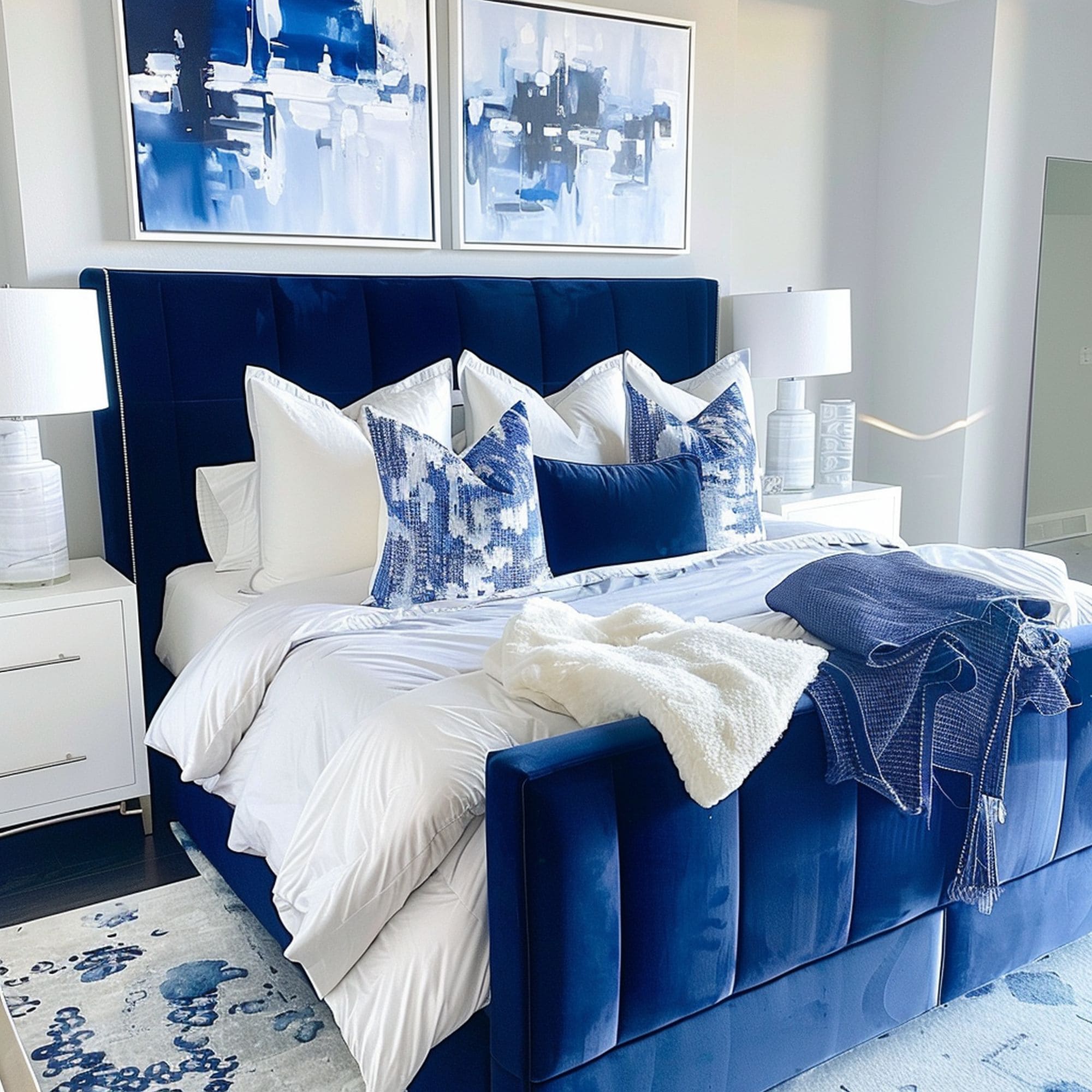 Vibrant Blue and White Bedroom
